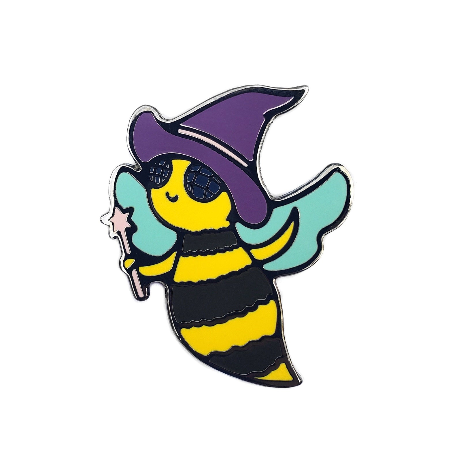 Kolorspun Beewitched pin featuring a colorful bee design on a metal pin badge.