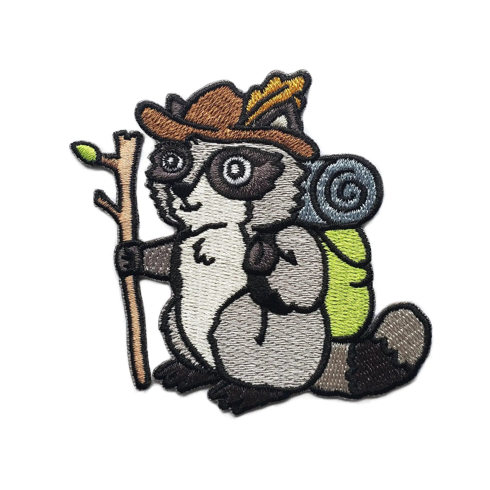 Kolorspun Raccoon Hiker Patch with detailed raccoon design, perfect for clothing or accessories, embroidered fabric patch.