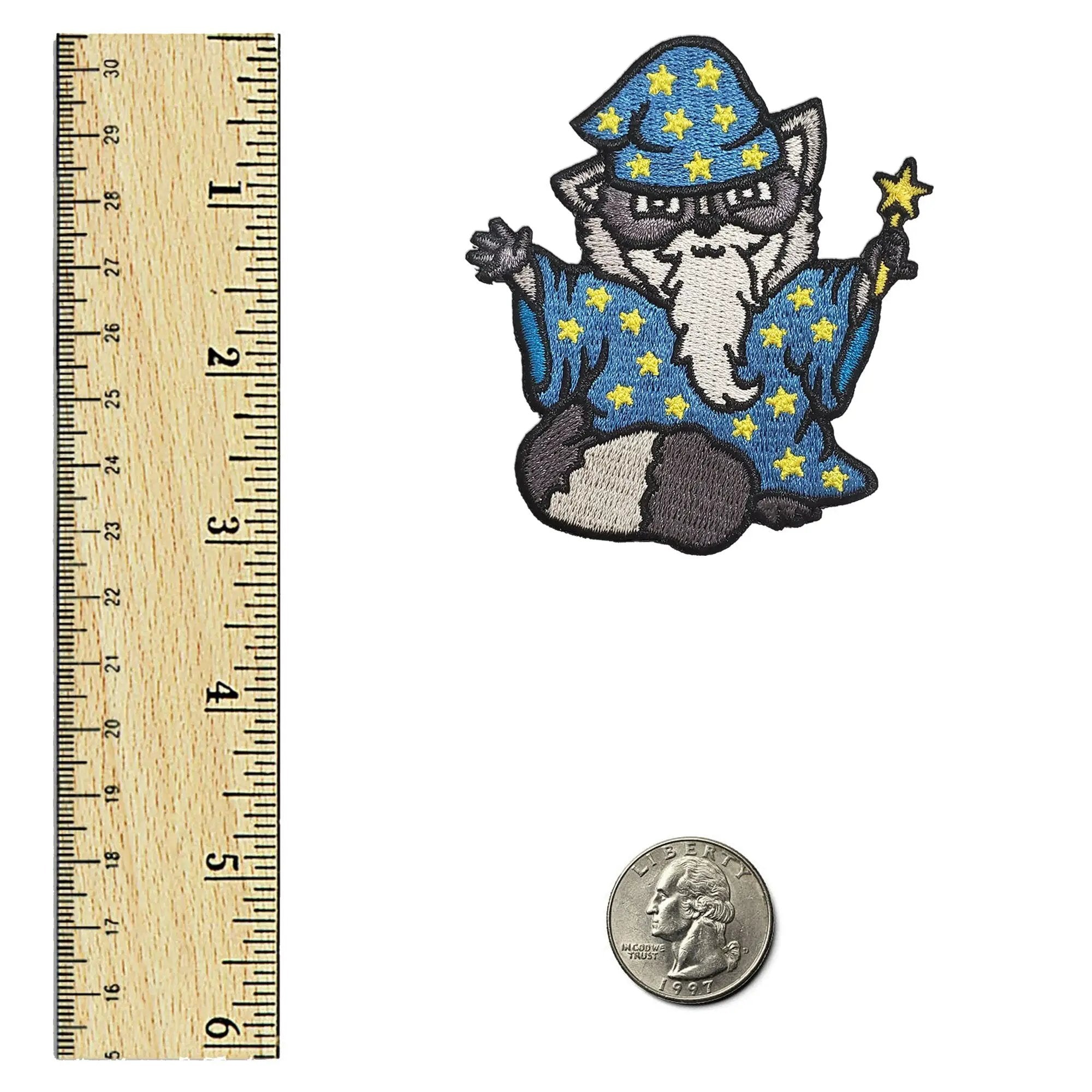 Kolorspun Raccoon Wizard Patch featuring a whimsical raccoon wearing a wizard hat, perfect for clothing or accessories.