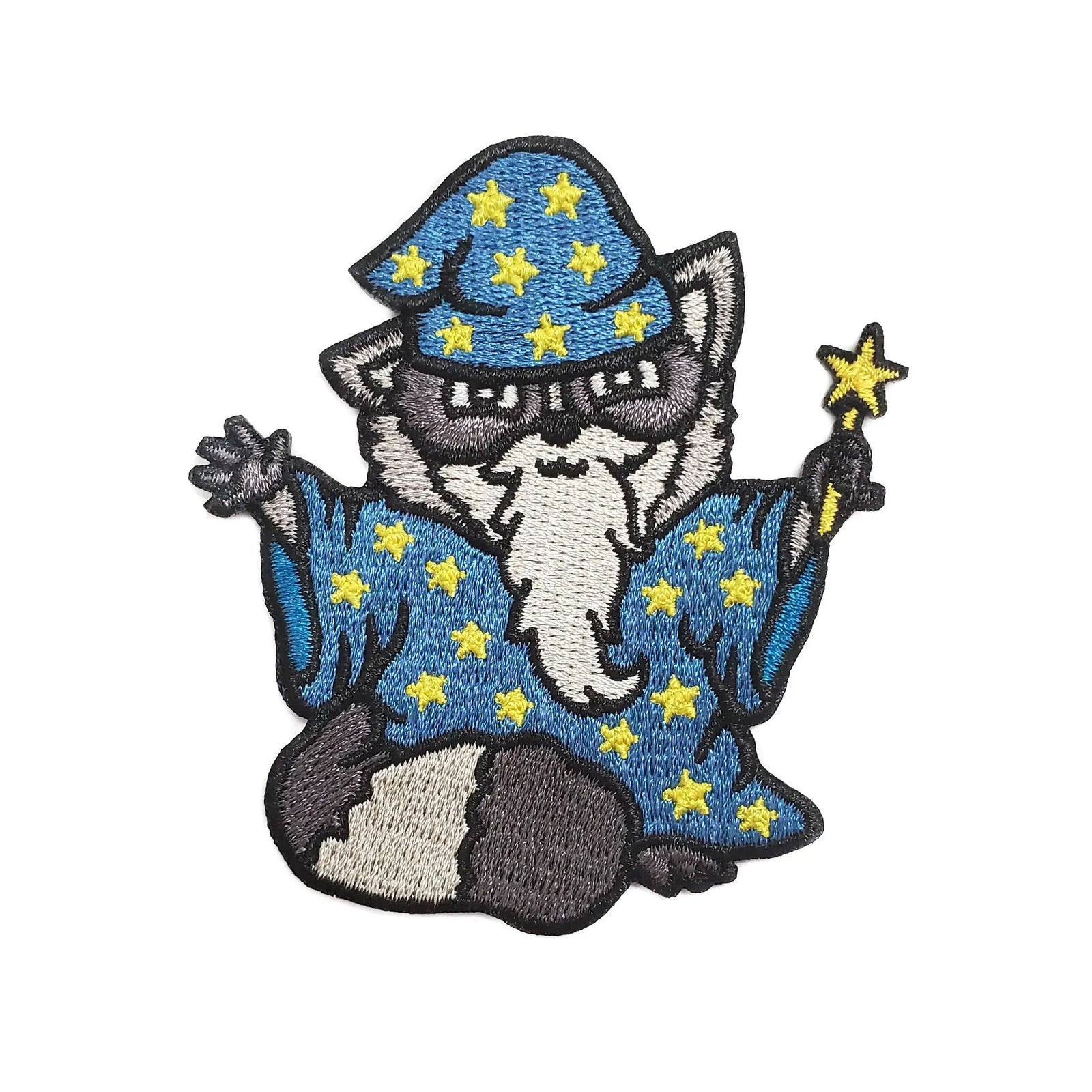 Kolorspun Raccoon Wizard patch featuring a whimsical raccoon dressed as a wizard, with detailed embroidery on a fabric patch.