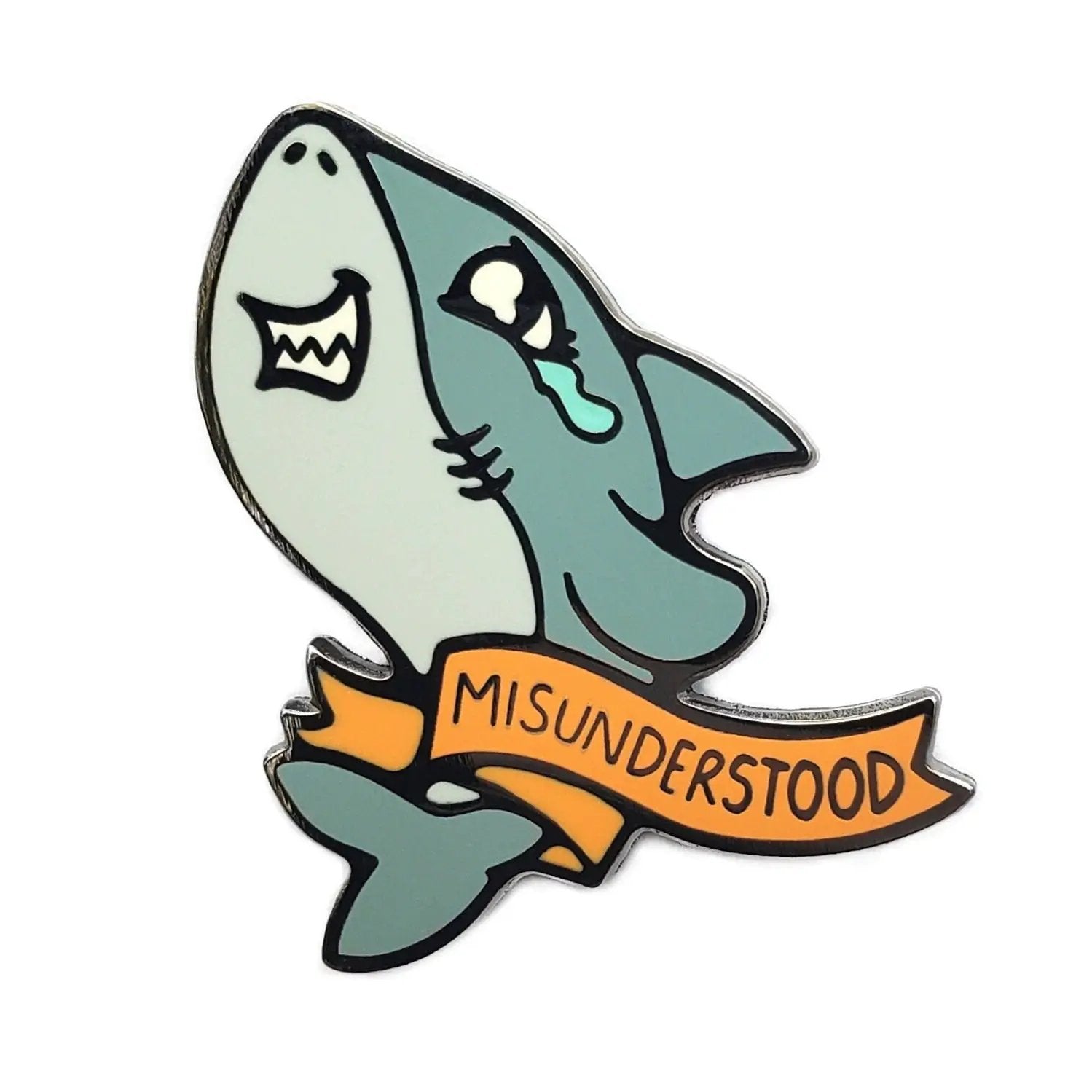 Kolorspun Misunderstood Shark pin featuring a detailed, colorful shark design on a pin accessory.