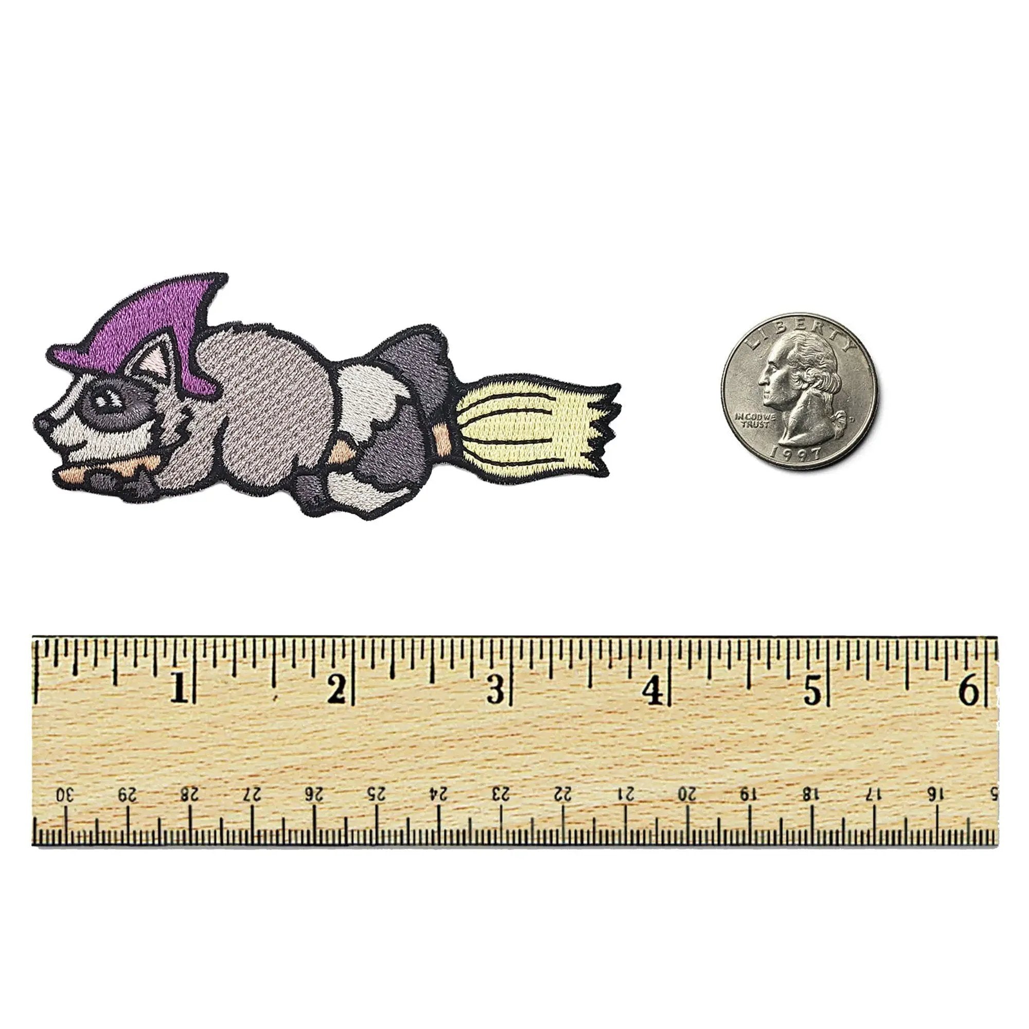 Kolorspun Raccoon Witch patch featuring a detailed embroidered raccoon wearing a witch hat on fabric background.