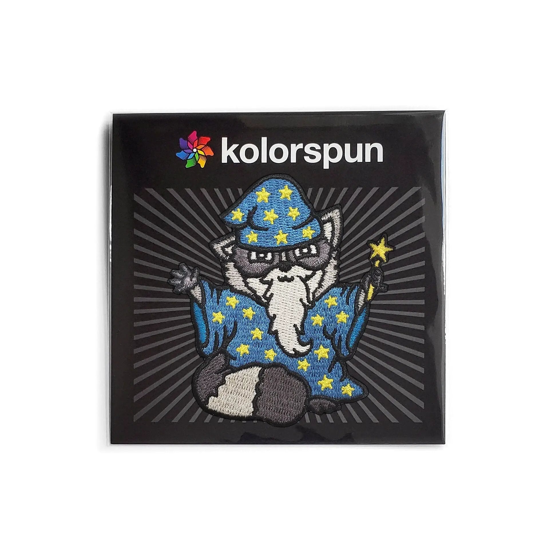 Kolorspun Raccoon Wizard patch featuring a detailed embroidered raccoon wearing a wizard hat and cloak, perfect for clothing or accessories.