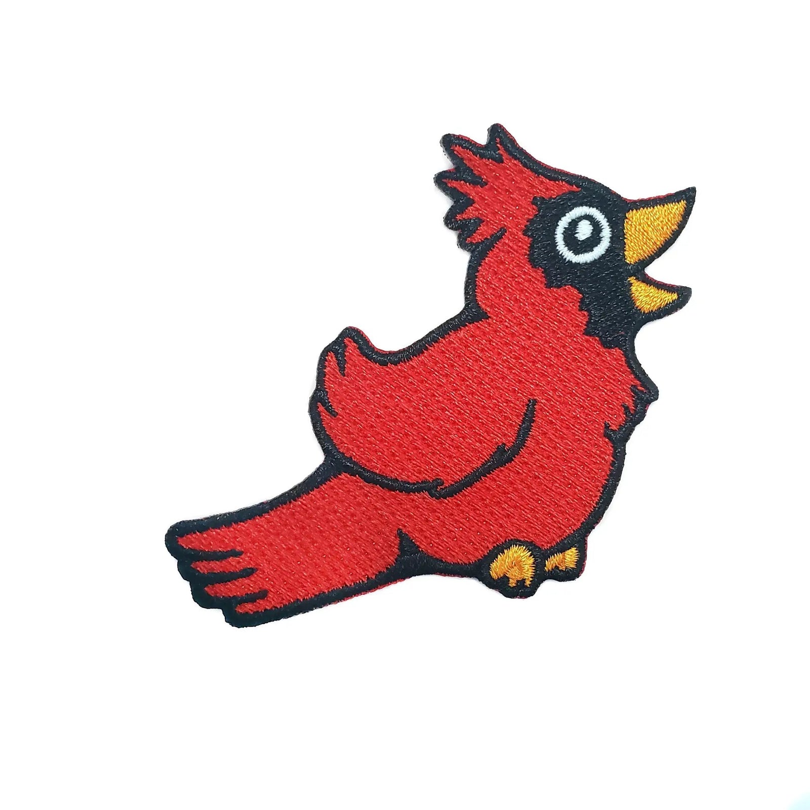 Kolorspun Cardinal Bird patch showing a detailed red and black embroidered cardinal design on fabric.