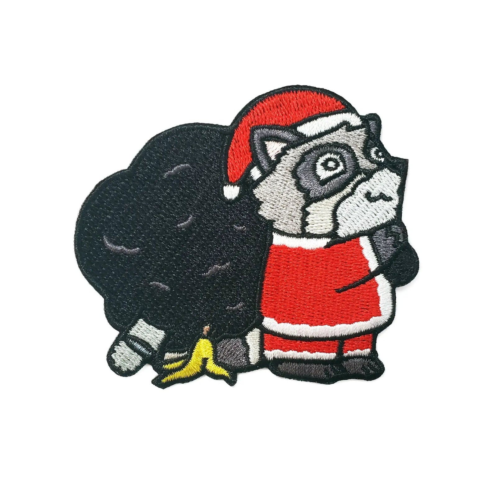 Kolorspun Raccoon Santa patch featuring a festive raccoon wearing a Santa hat and red outfit, designed for sewing or decorating.