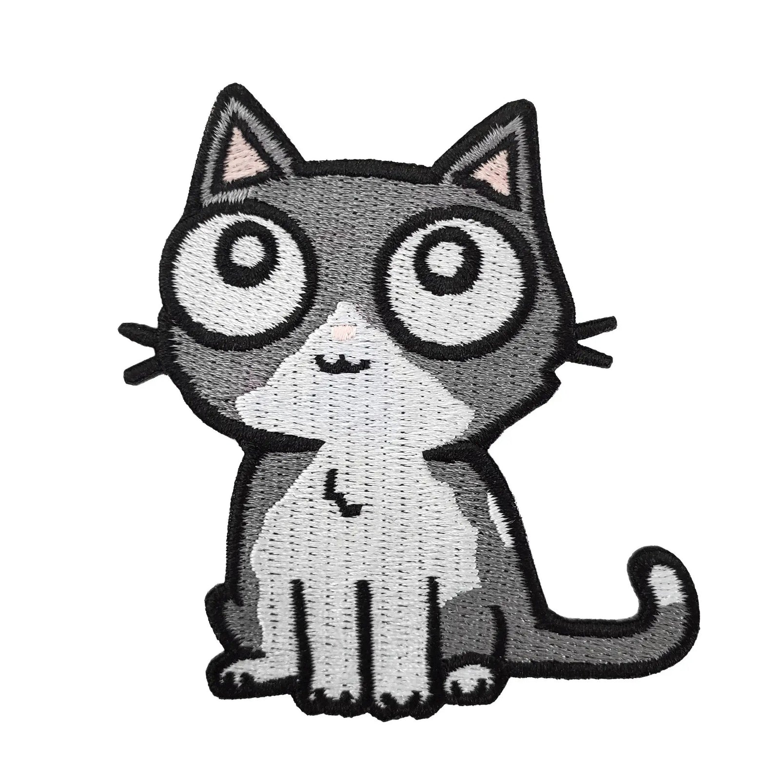 Gray cat patch by Kolorspun featuring a detailed embroidered feline design on fabric patch.
