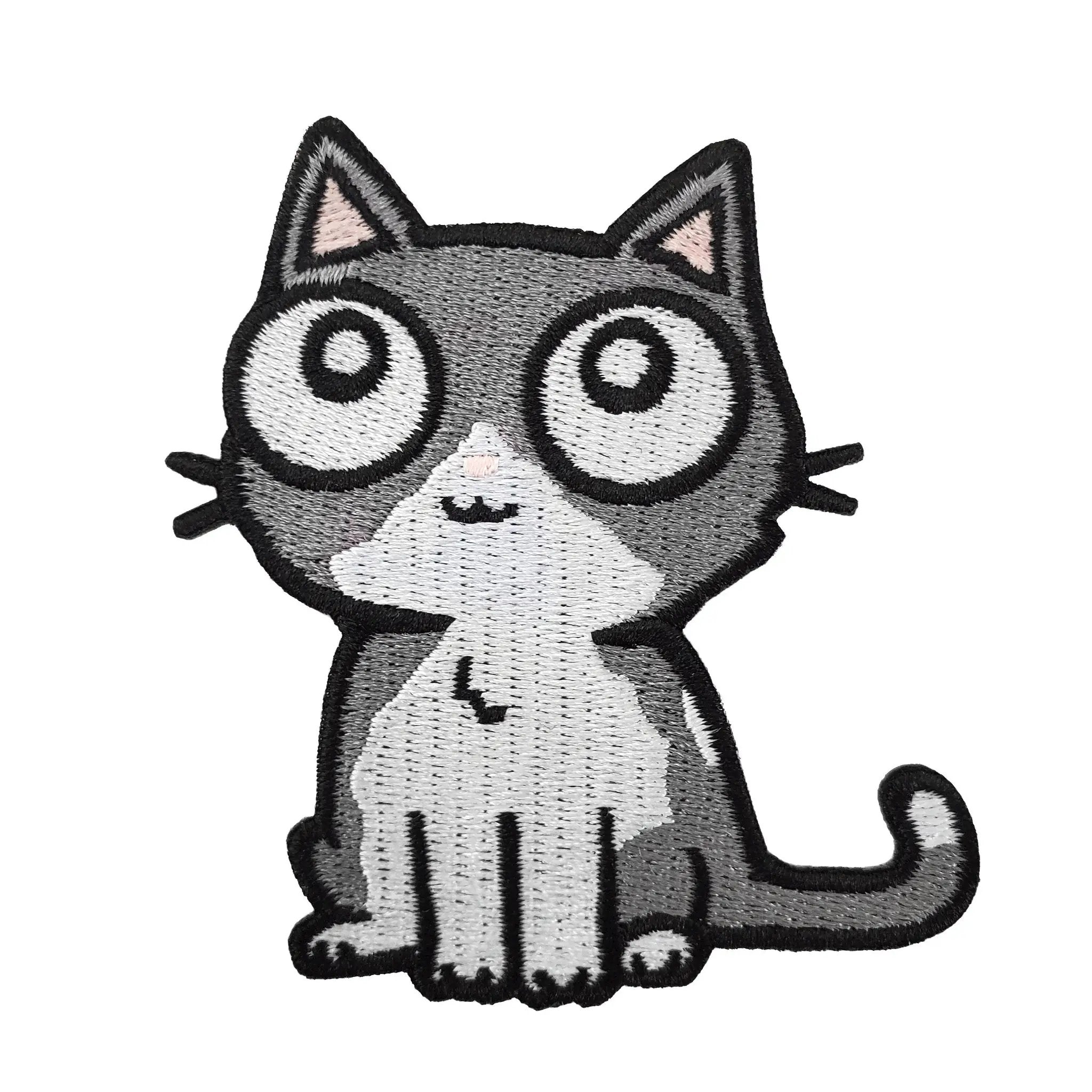 Gray cat patch by Kolorspun featuring a detailed embroidered feline design on fabric patch.