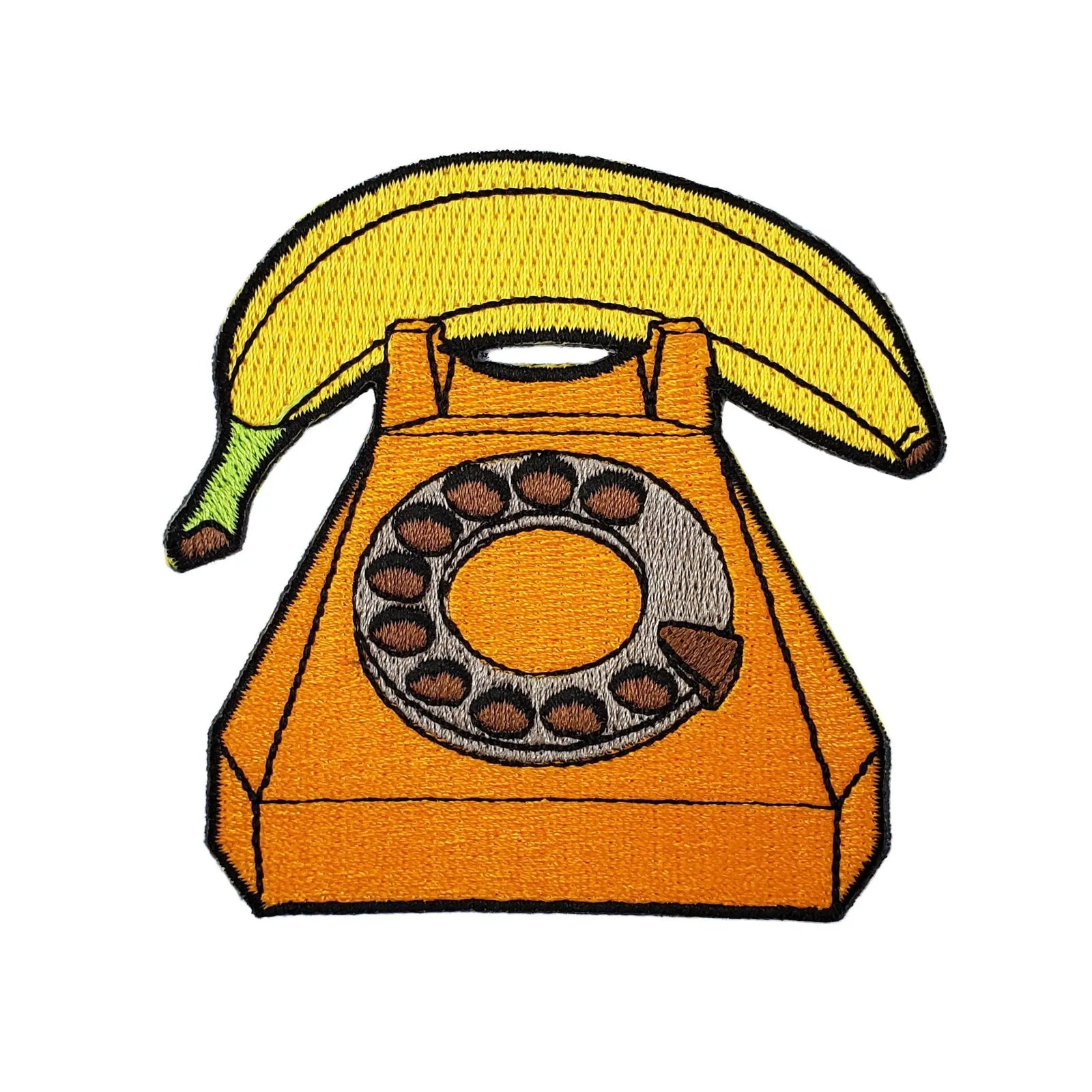 Kolorspun Banana Phone Patch, colorful fabric patch featuring a banana design for decorating or customizing accessories.