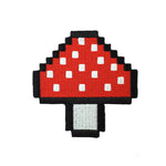 Kolorspun Pixel Mushroom Patch sewn onto fabric, colorful embroidered patch featuring pixel art mushroom design.