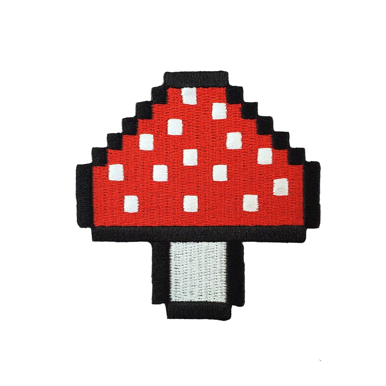 Kolorspun Pixel Mushroom Patch sewn onto fabric, colorful embroidered patch featuring pixel art mushroom design.