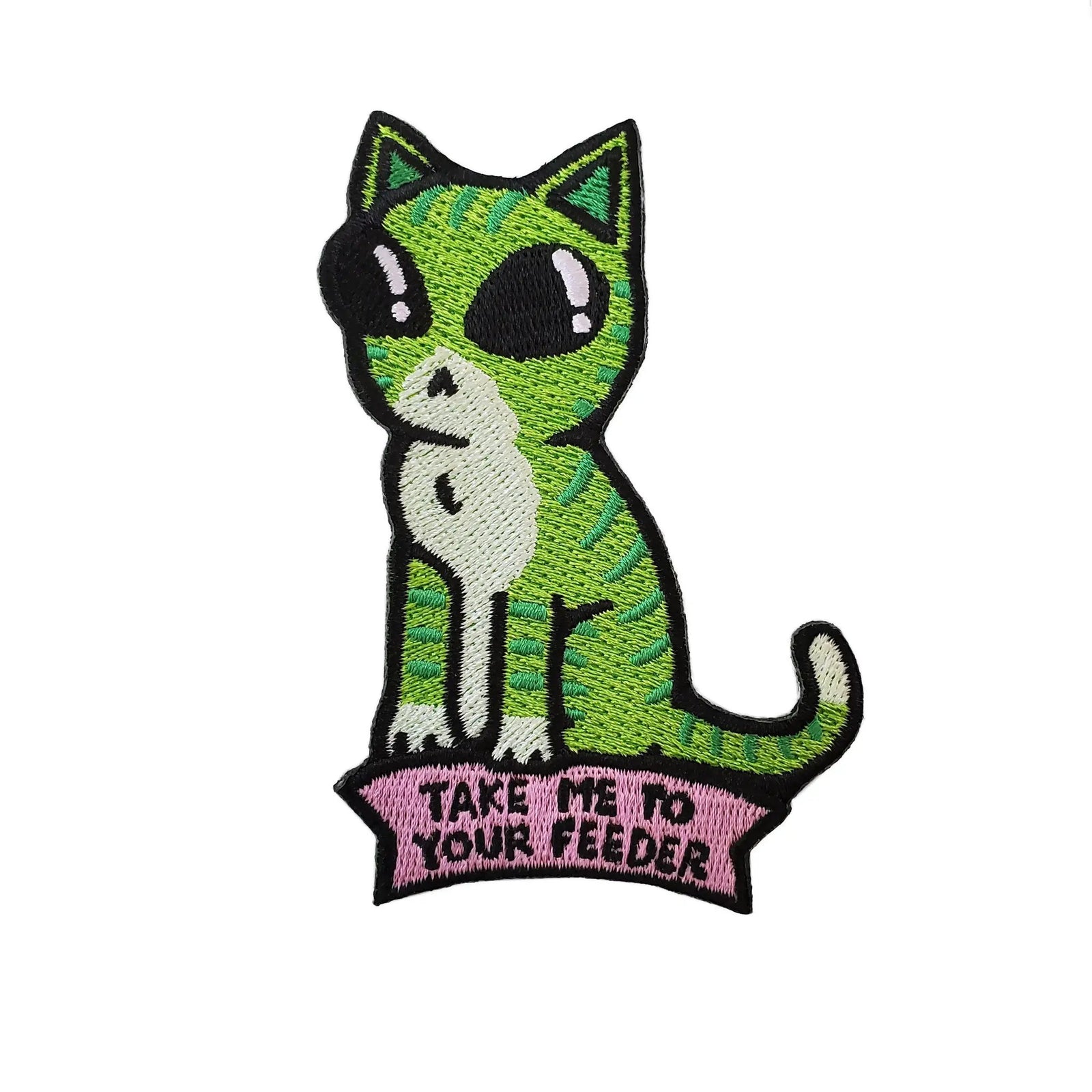 Kolorspun Take Me To Your Feeder cat patch featuring a colorful embroidered design on a fabric patch.