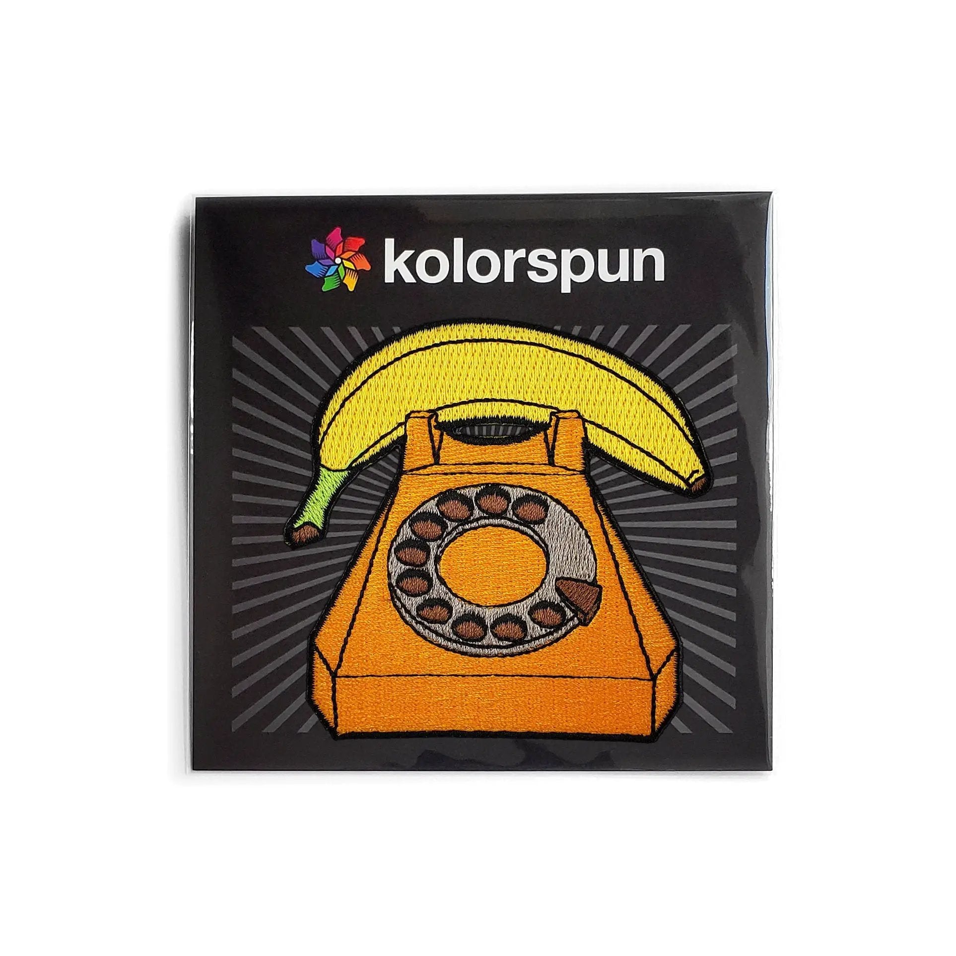 Kolorspun Banana Phone Patch, colorful fabric patch featuring a banana design, ideal for customizing backpacks or clothing.