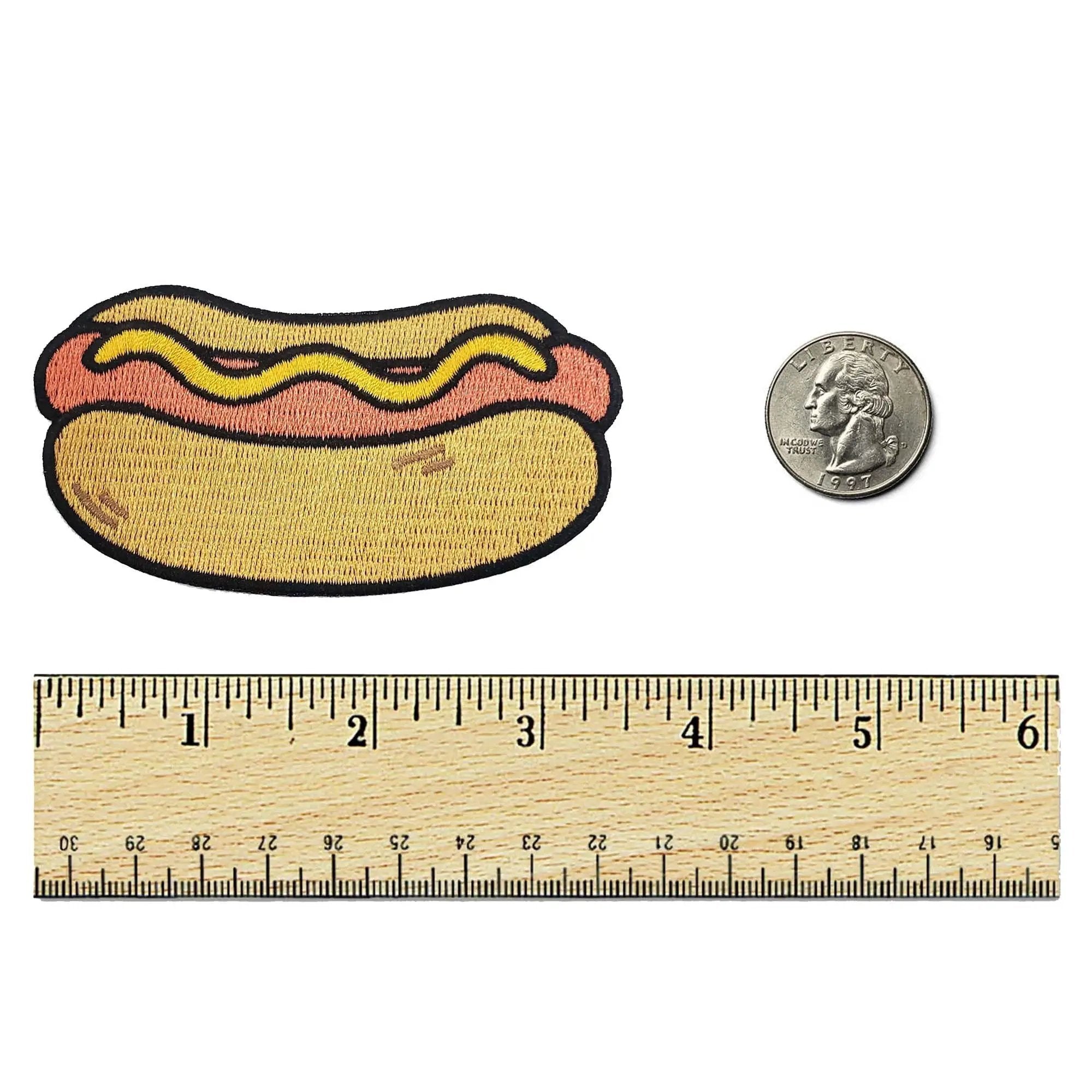 Kolorspun Hot Dog Patch featuring a colorful embroidered hot dog design on fabric patch for clothing or accessories.
