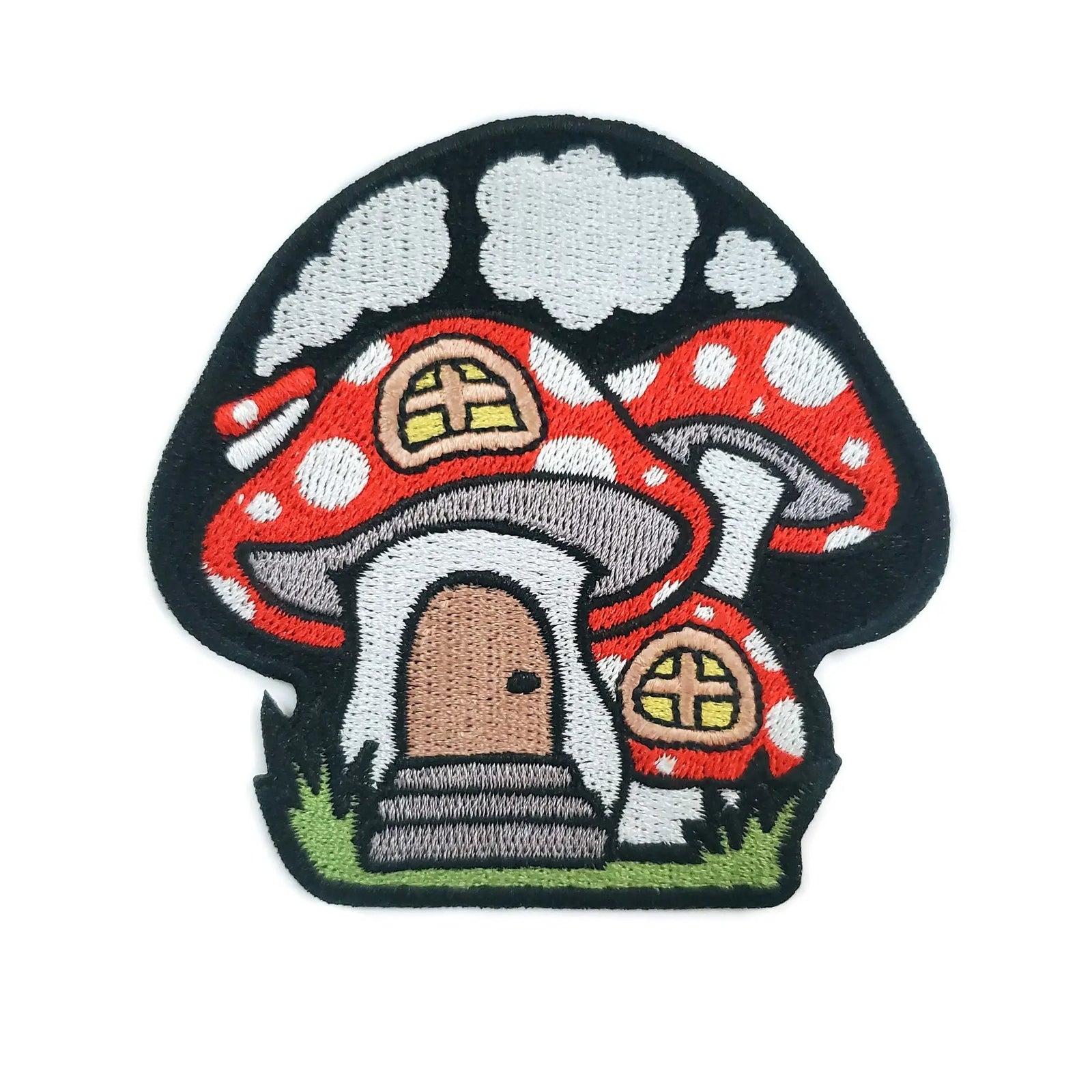 Kolorspun Mushroom House patch featuring colorful embroidered mushroom design, perfect for clothing or accessories.