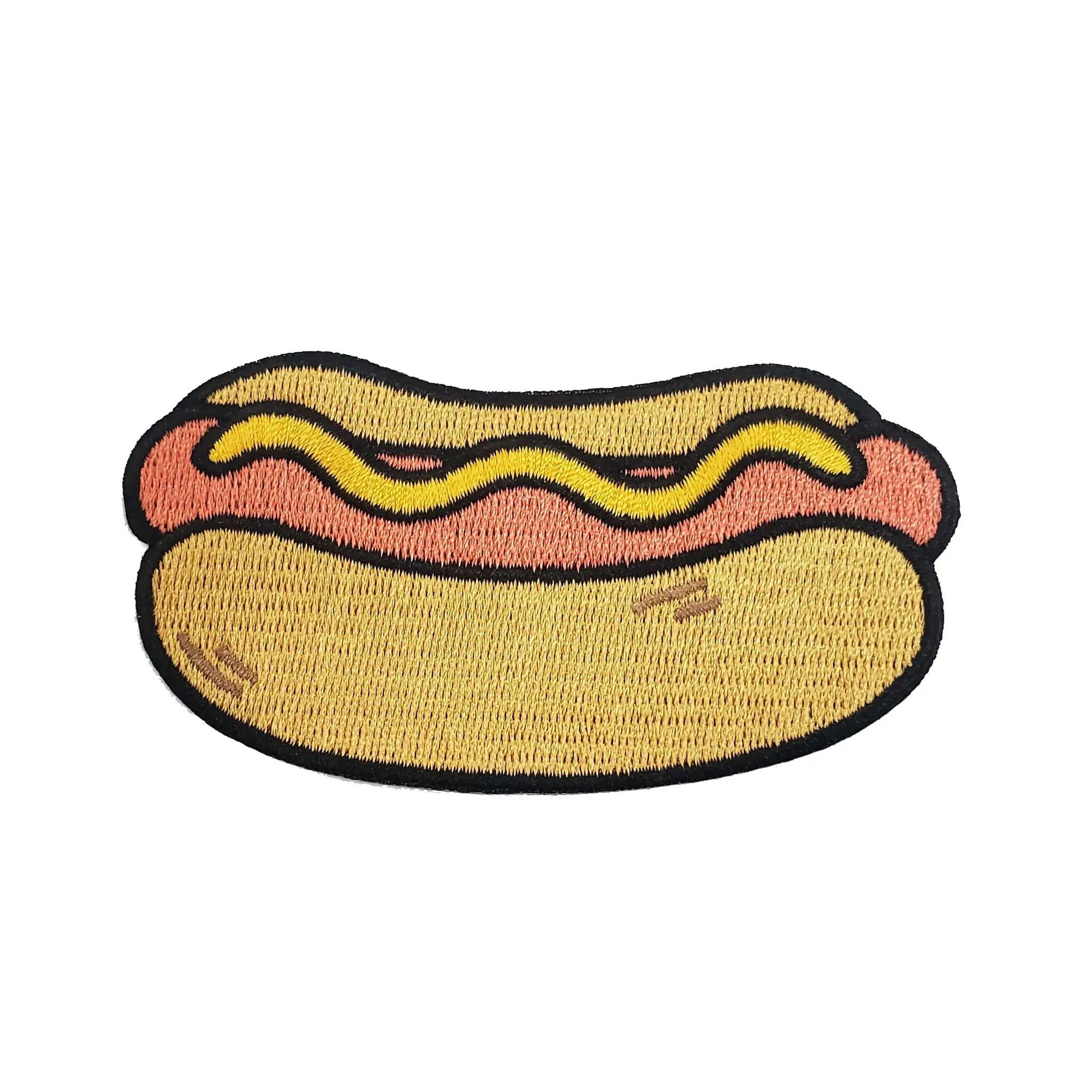 Colorful Kolorspun hot dog patch with embroidered design, perfect for clothing embellishments and accessories.