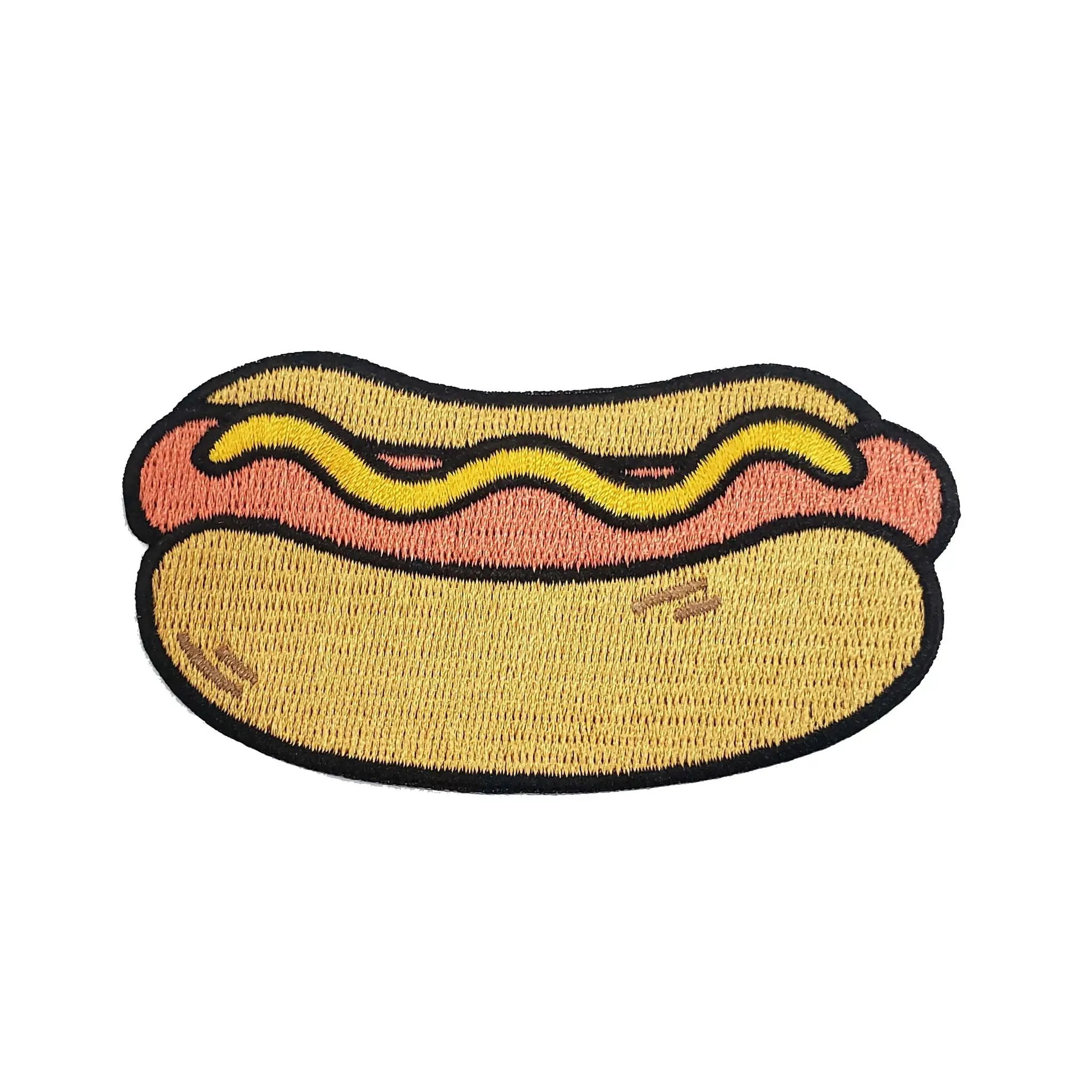 Colorful Kolorspun hot dog patch with embroidered design, perfect for clothing embellishments and accessories.