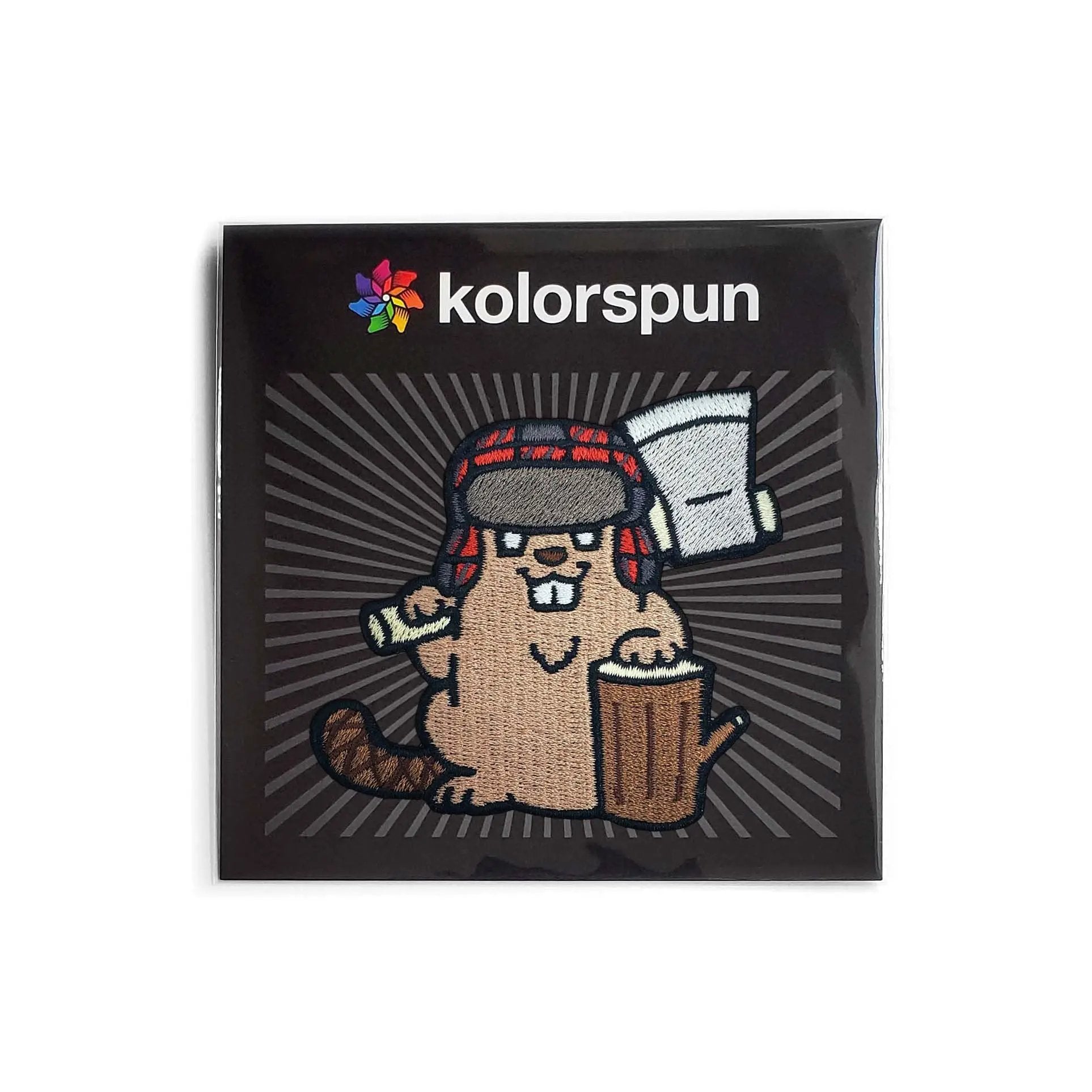 Kolorspun Lumberjack Beaver Patch featuring a detailed embroidered beaver design on fabric patch for clothing or accessories.