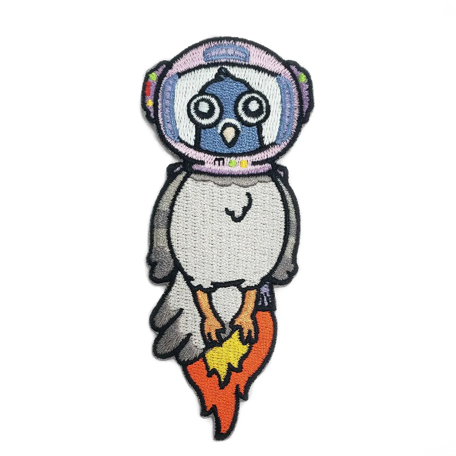 Kolorspun Astronaut Pigeon patch featuring a colorful embroidered design on fabric for decorating clothing or accessories.