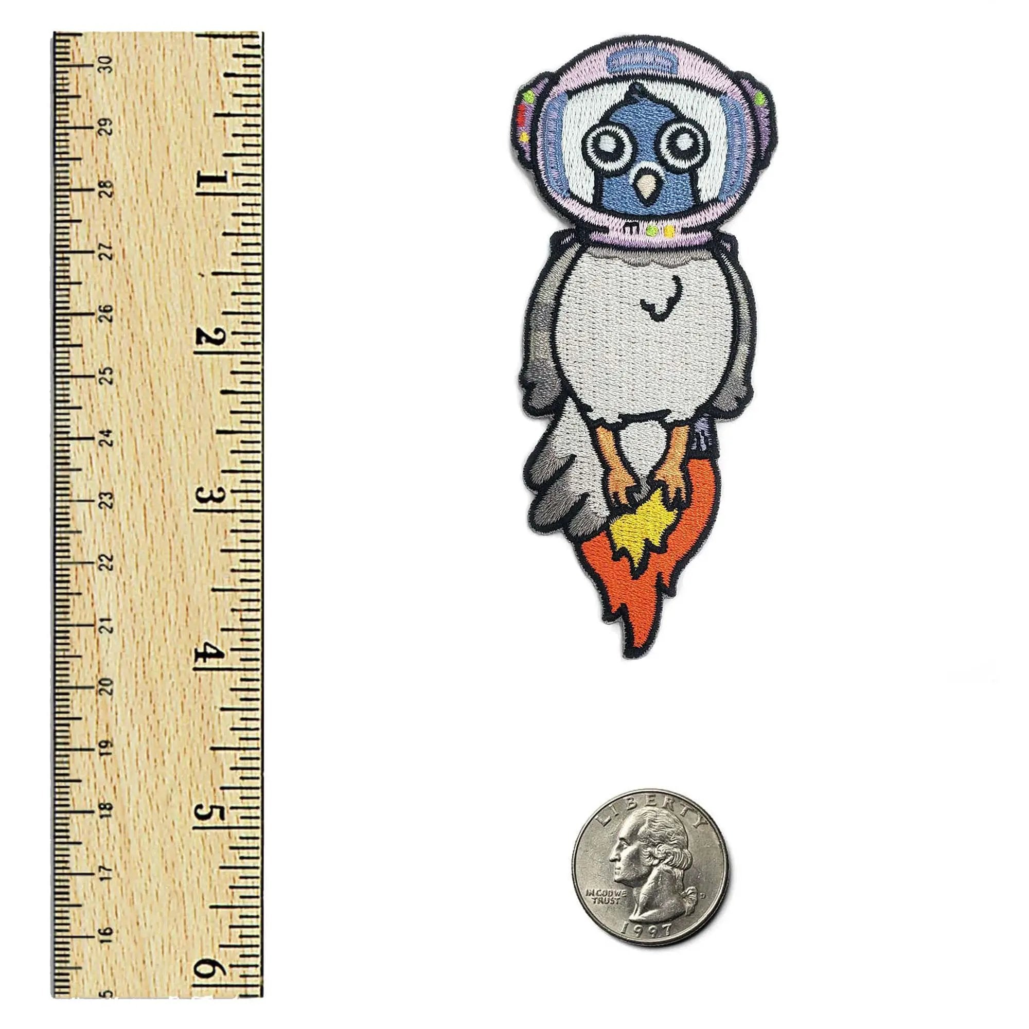 Kolorspun astronaut pigeon patch featuring a detailed embroidered design of a pigeon in an astronaut suit.
