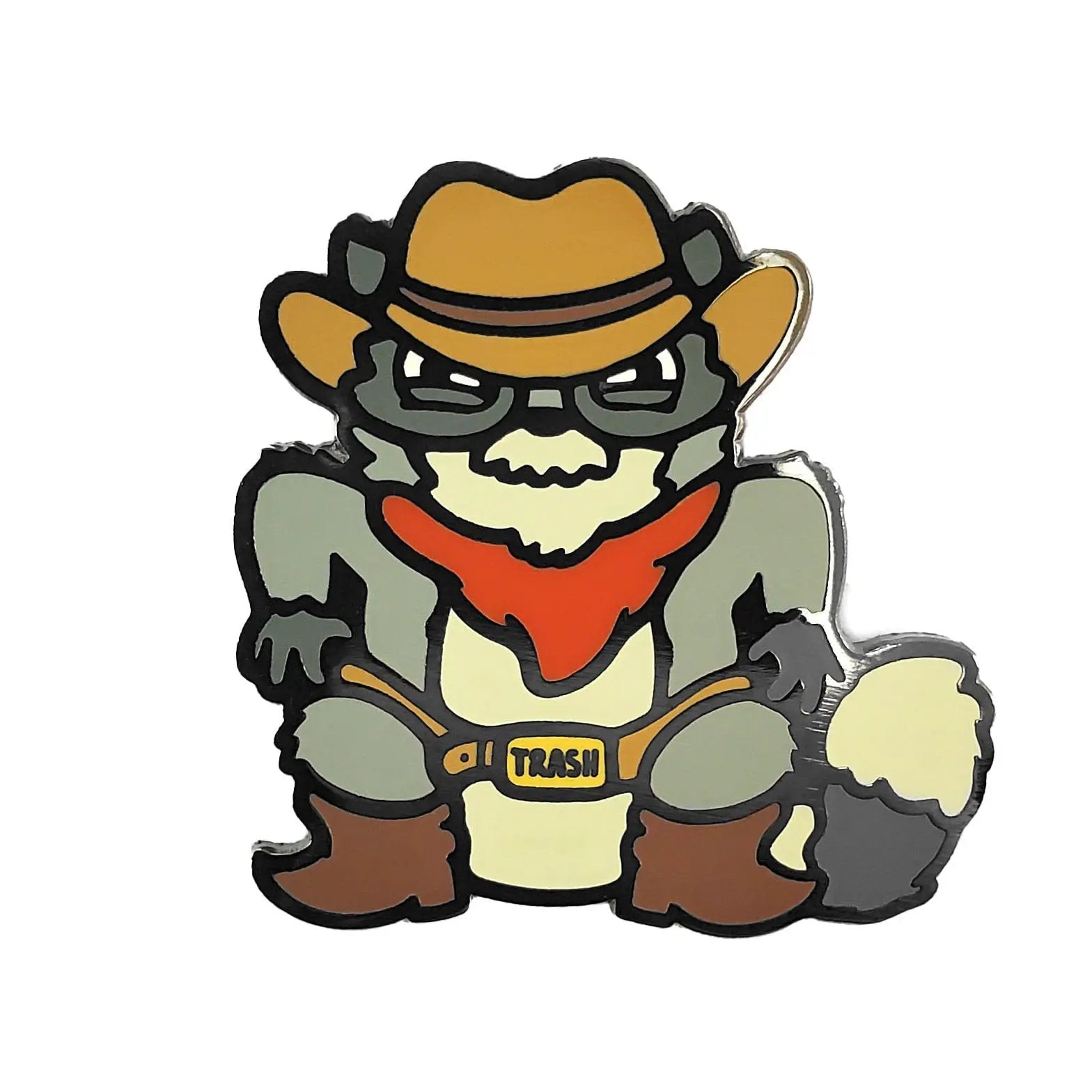 Kolorspun Cowboy Raccoon pin featuring a detailed raccoon design on a metal badge, perfect for hats or jackets.
