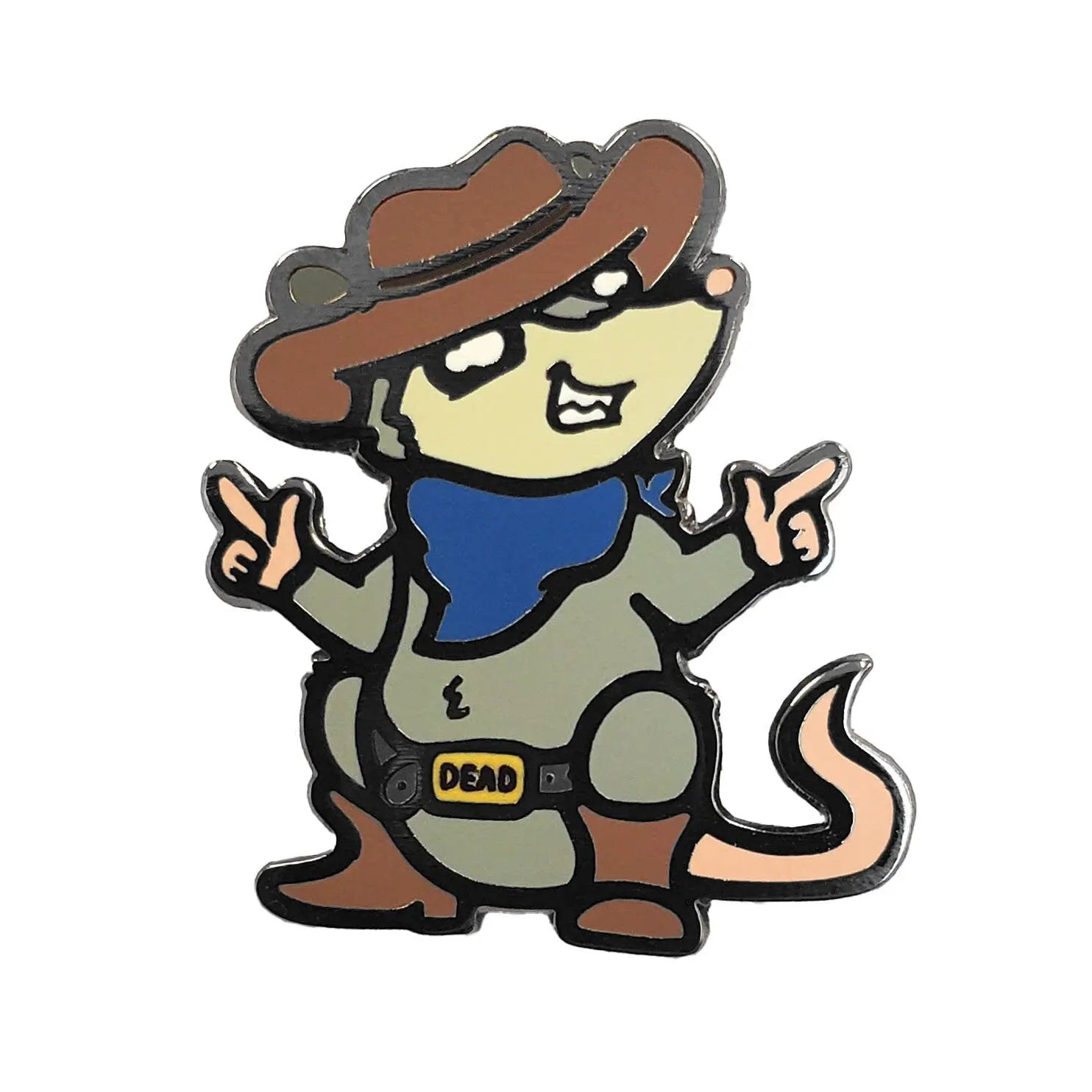 Kolorspun Cowboy Opossum pin featuring a detailed cartoon-style opossum design on a metal pin.