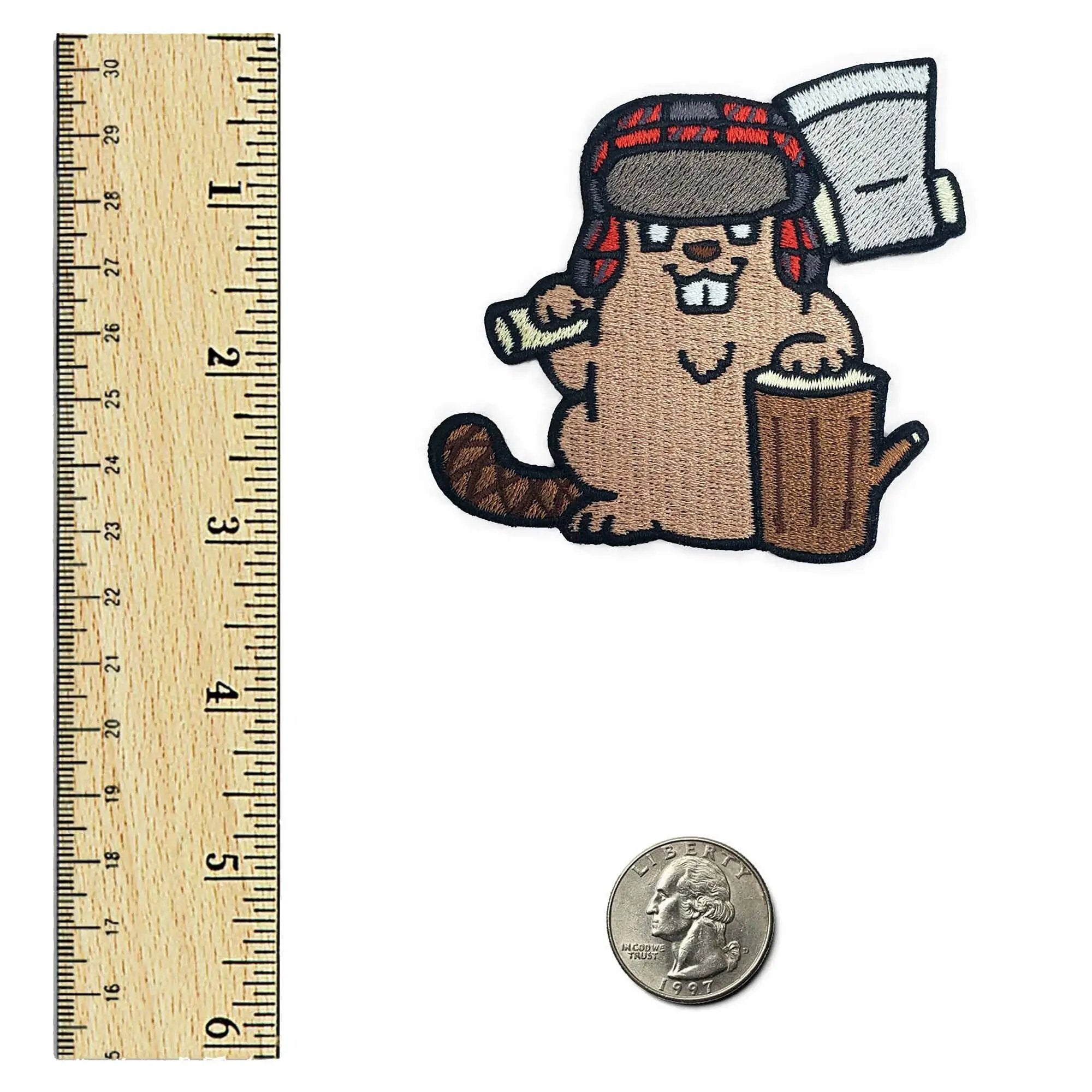 Kolorspun Lumberjack Beaver Patch featuring a detailed embroidered beaver design on fabric patch for clothing or accessories.