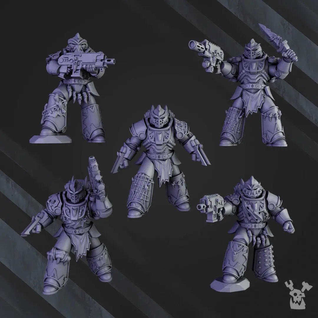 Ten white 3D-printed Megaladon Clan Warriors miniatures by Last Hope Miniatures, arranged in a line, showcasing detailed orc figures.