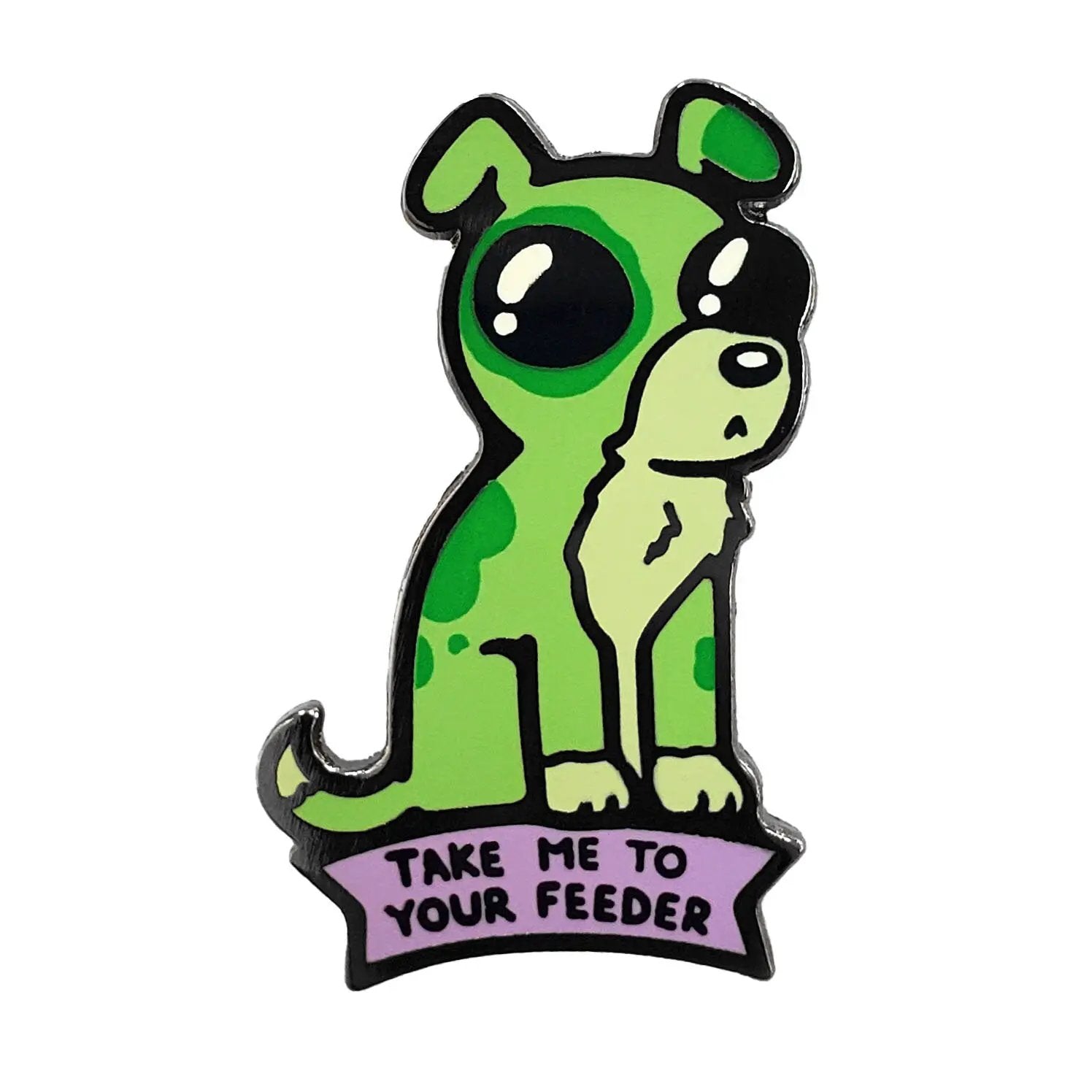 Kolorspun Take Me To Your Feeder dog pin with colorful enamel design and metal backing, perfect for dog lovers and pin collectors.