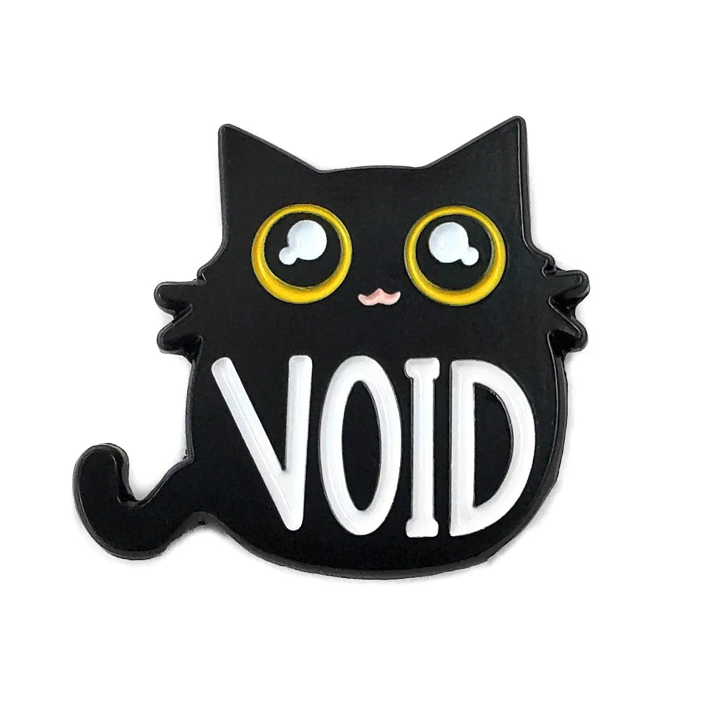Void Cat enamel pin by Kolorspun featuring a sleek black and white cat design on a metal pin backing.