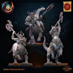 Three 3D printed Feldrak Regiment miniatures by Lost Kingdom Miniatures, featuring detailed fantasy creature models on bases.