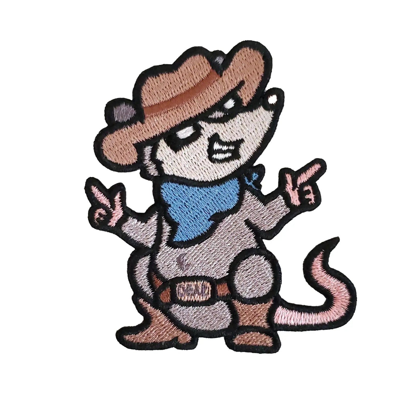 Kolorspun Cowboy Possum Patch showing a colorful embroidered patch with a cowboy and possum design.