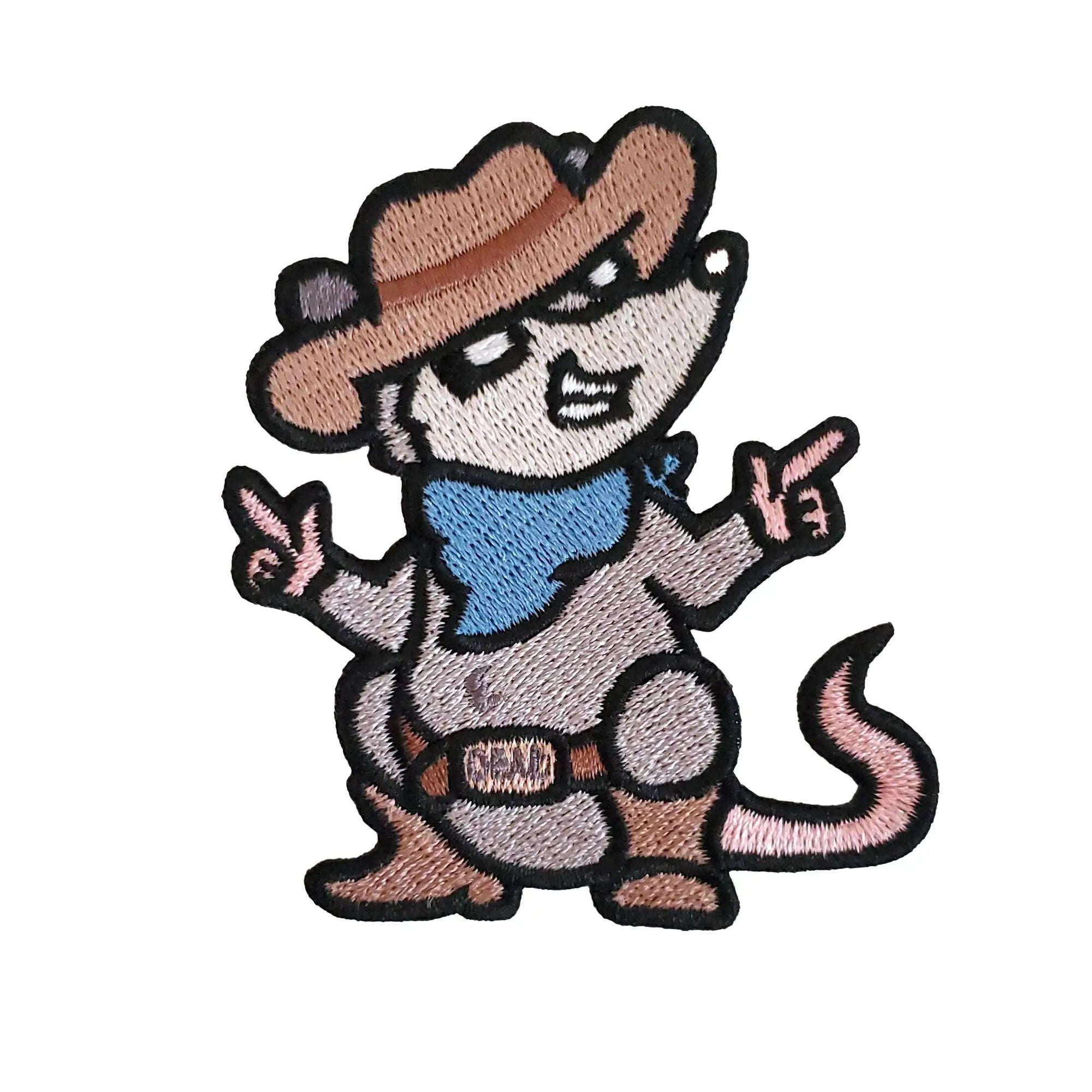 Kolorspun Cowboy Possum Patch showing a colorful embroidered patch with a cowboy and possum design.