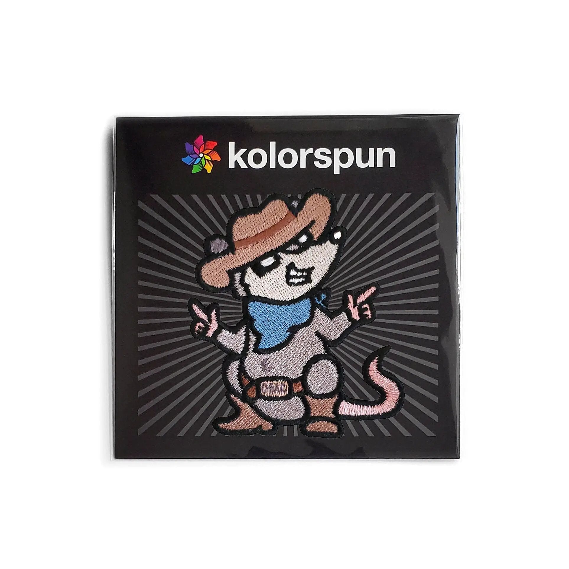 Kolorspun Cowboy Possum Patch showing embroidered possum design on fabric patch for clothing or accessories.