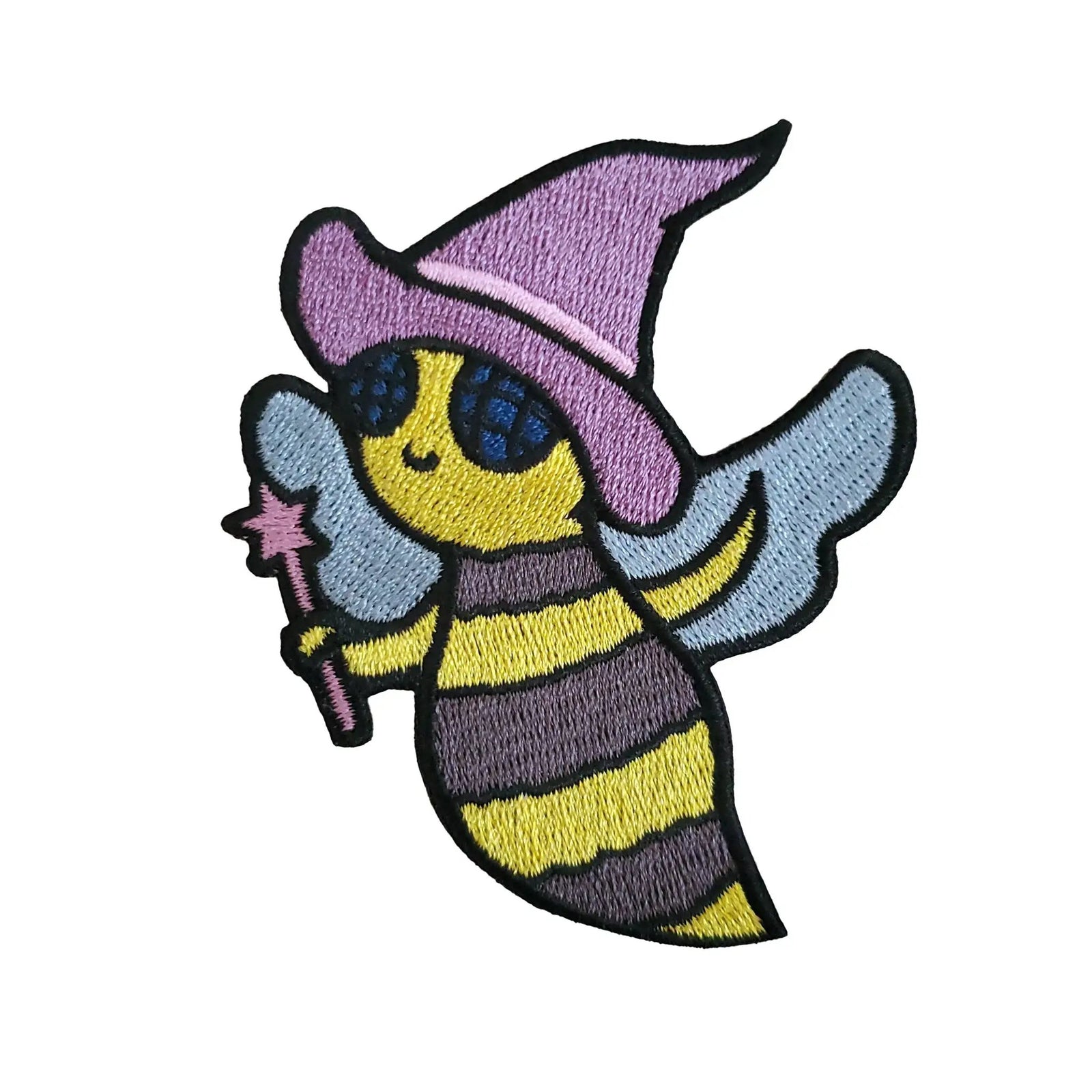 Kolorspun Bee Witch Patch featuring a colorful embroidered bee and witch design on fabric for clothing or accessories.