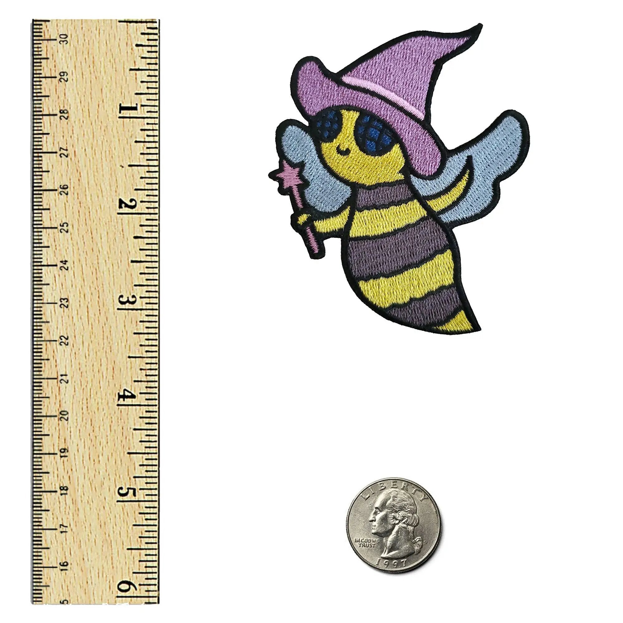 Kolorspun Bee Witch Patch, embroidered fabric patch featuring a colorful bee and witch design on a black background.