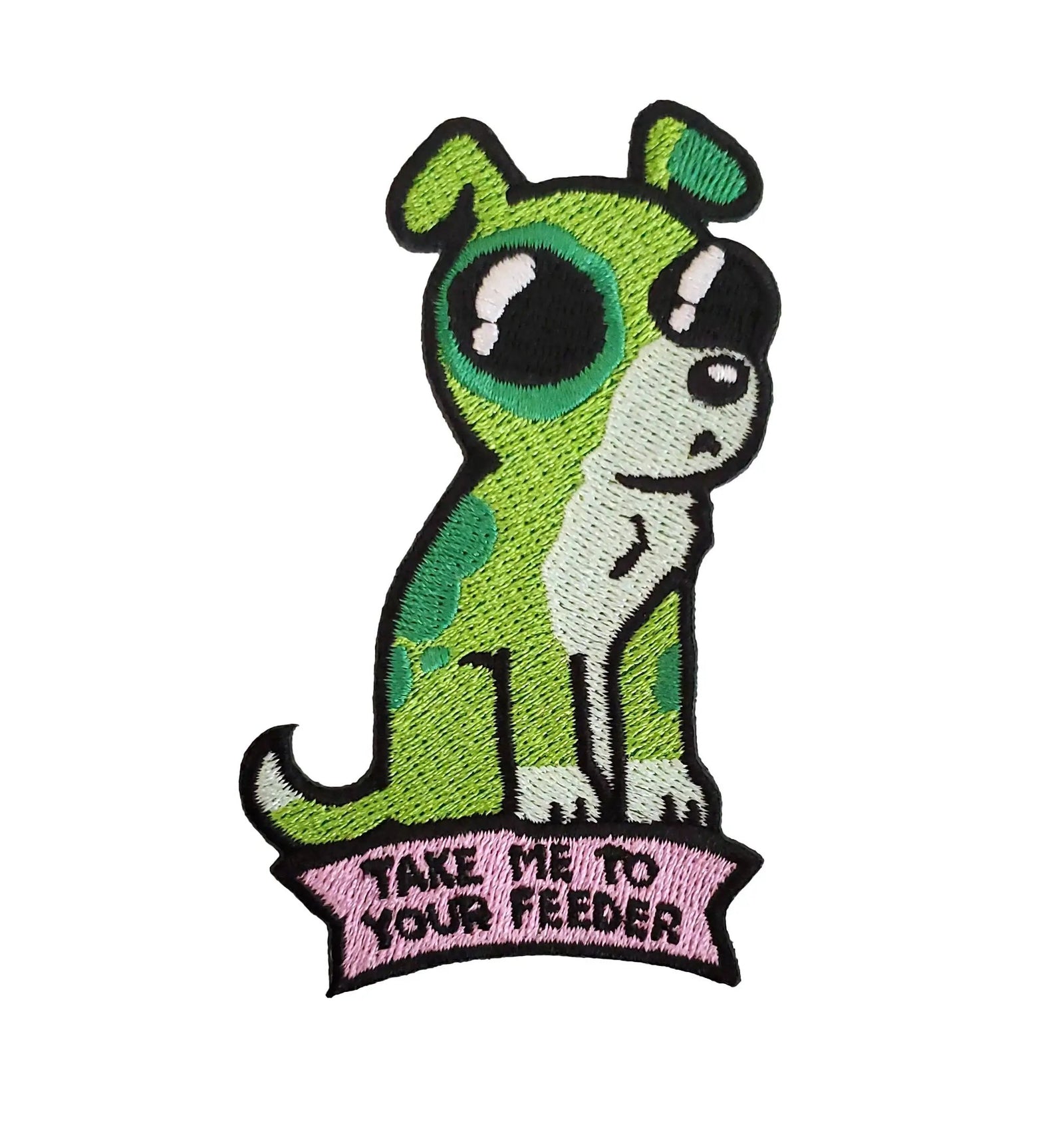 Kolorspun Take Me To Your Feeder dog patch with colorful design, sewn patch featuring playful text and vibrant embroidery.