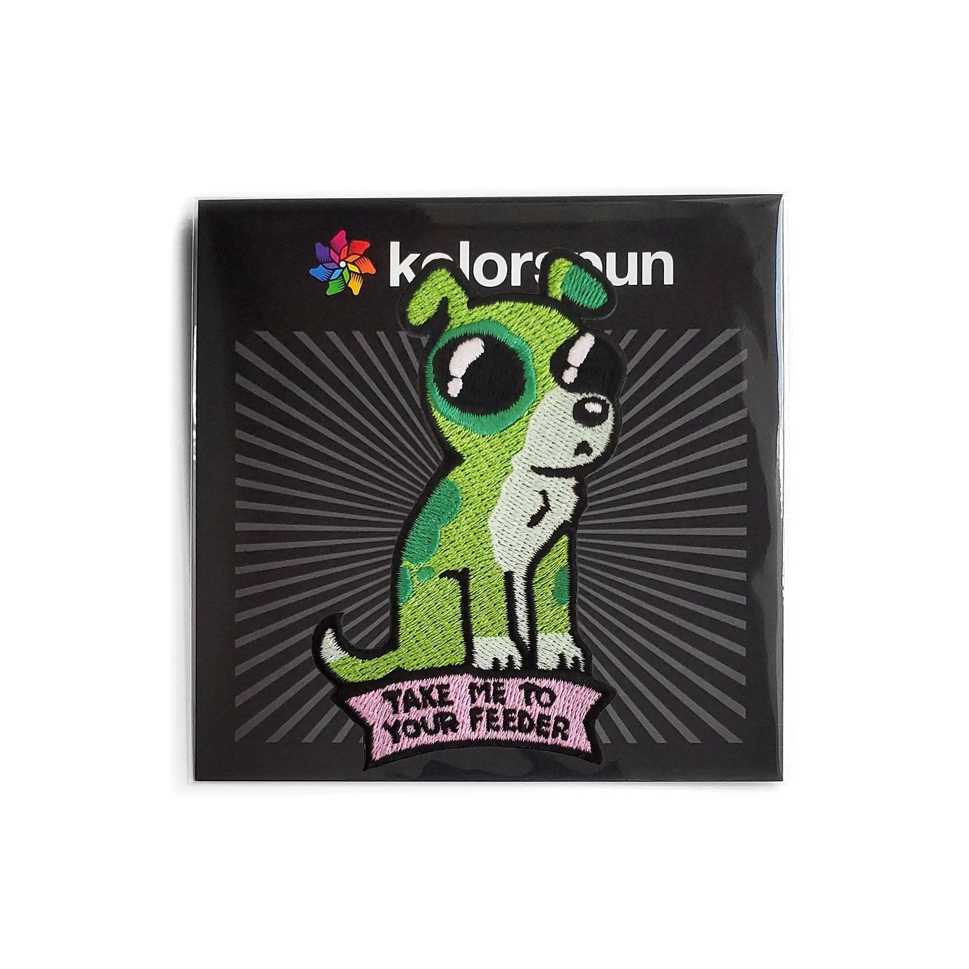 Kolorspun Take Me To Your Feeder dog patch, embroidered fabric patch with playful design for pet accessories or apparel