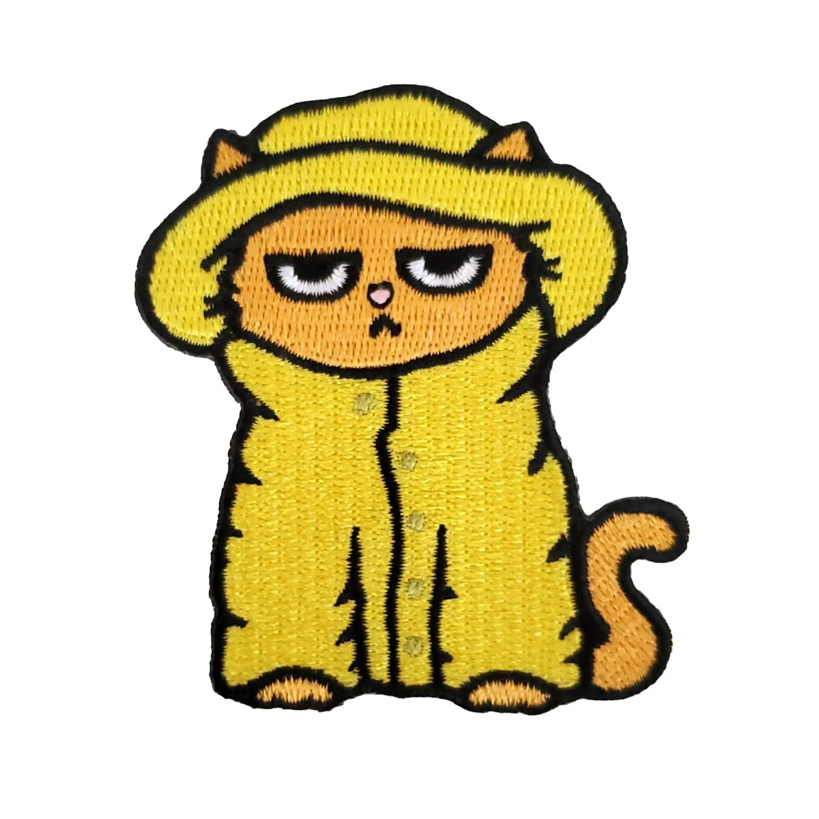 Kolorspun Grumpy Raincoat Cat Patch featuring a colorful, embroidered patch with a grumpy cat wearing a raincoat design.