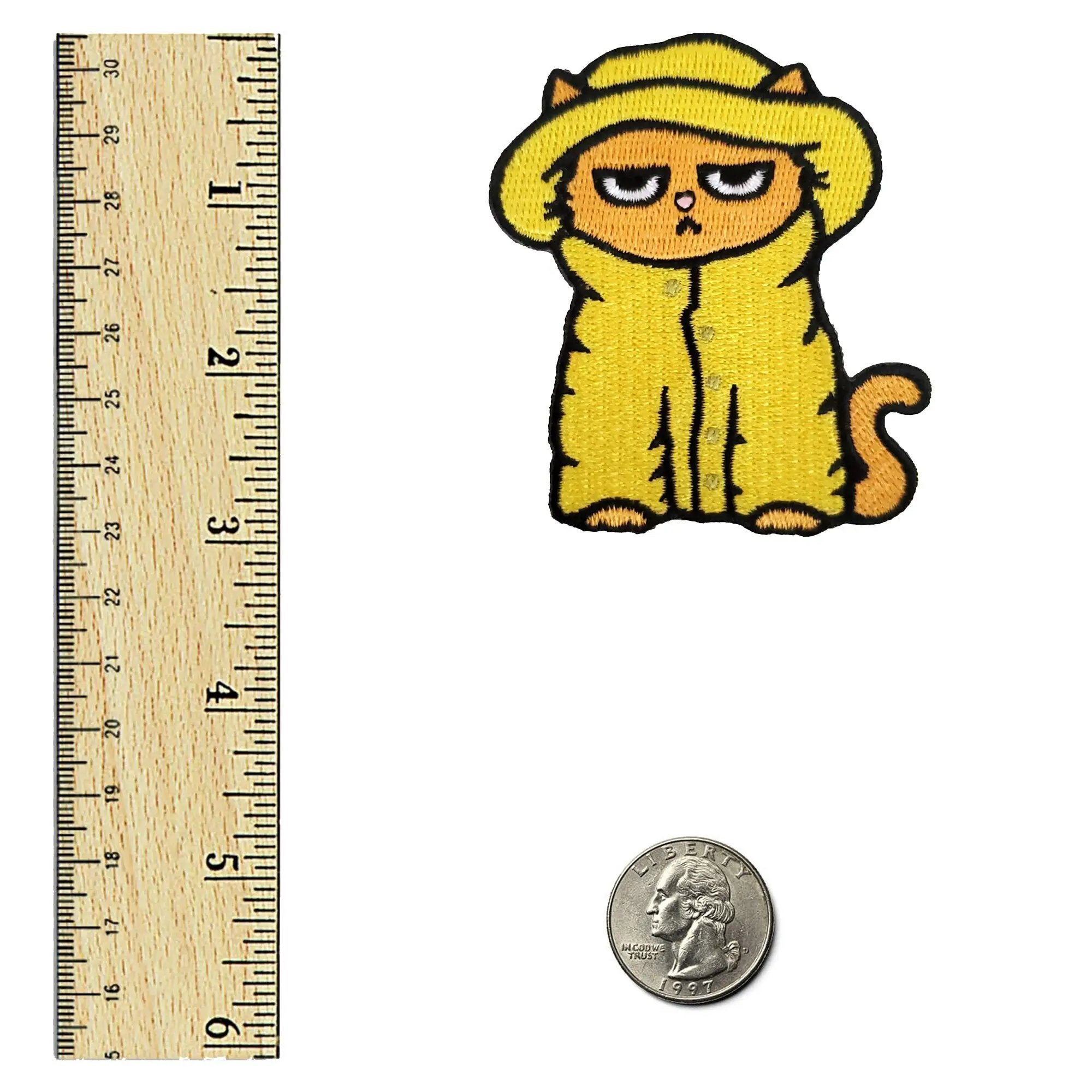 Kolorspun Grumpy Raincoat Cat Patch showing a playful cat design on a fabric patch for clothing or accessories.