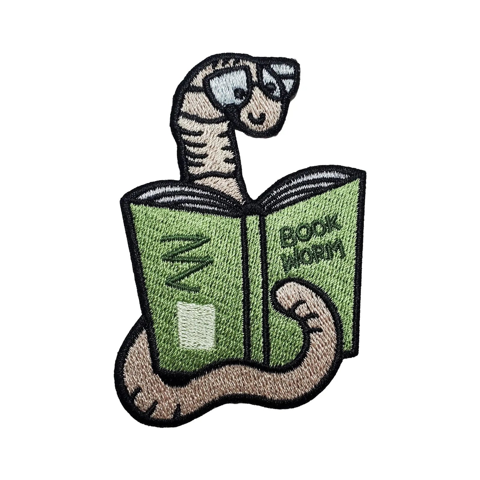 Kolorspun Book Worm Patch featuring a colorful cartoon worm design on fabric for clothing or accessories.