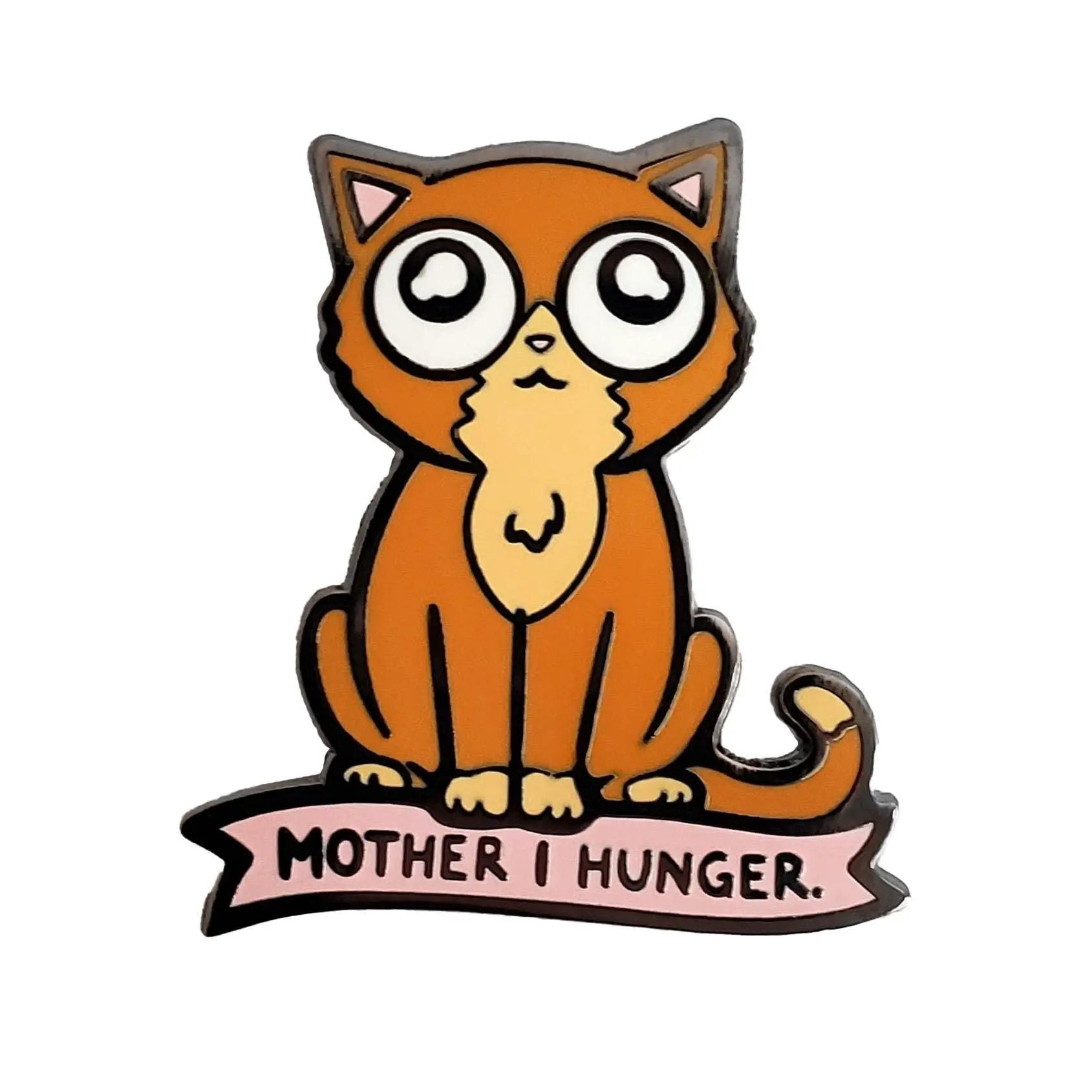 Kolorspun Mother I Hunger cat pin featuring colorful enamel design and detailed pin back for collectible feline accessory.