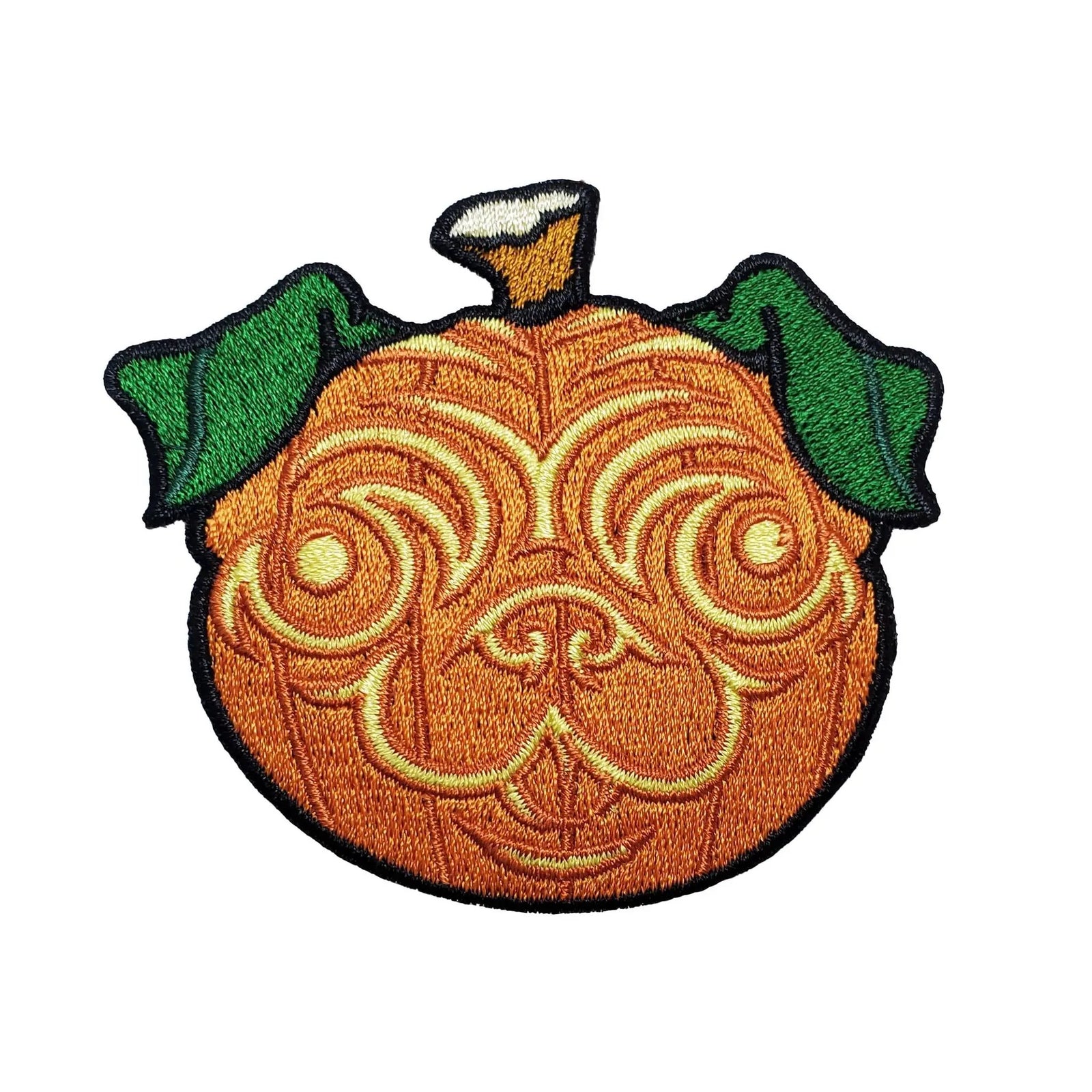 Pumpkin Pug Patch by Kolorspun featuring a cute pug with a pumpkin design, sewn fabric patch on a neutral background.