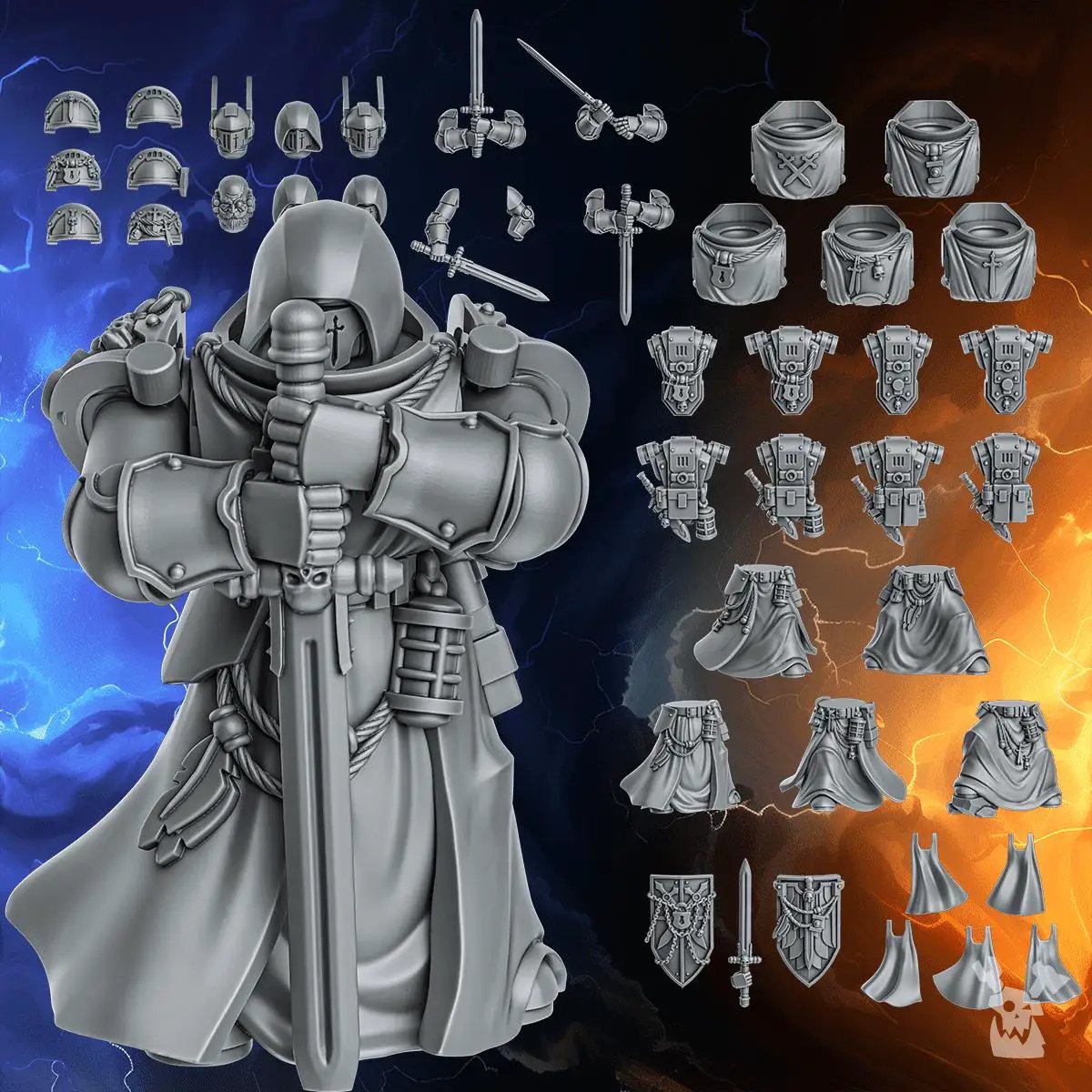 Set of five 3D printed Knights of the Circle Squad miniatures by DakkaDakka Miniatures, featuring detailed armor and weapon designs.