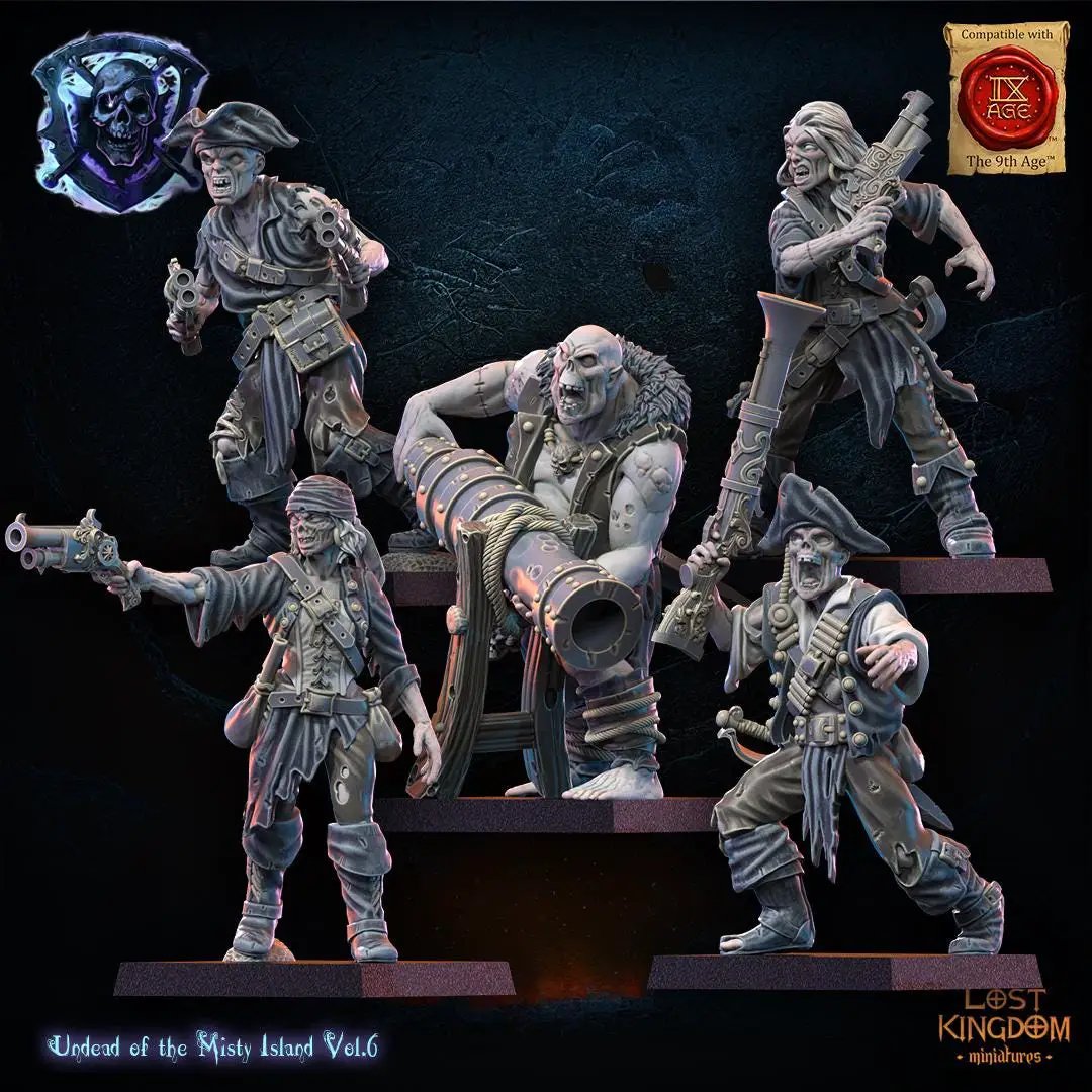 Ten 3D printed undead pirate soldiers from Lost Kingdom Miniatures’ Undead Pirate Regiment, detailed miniature figures.