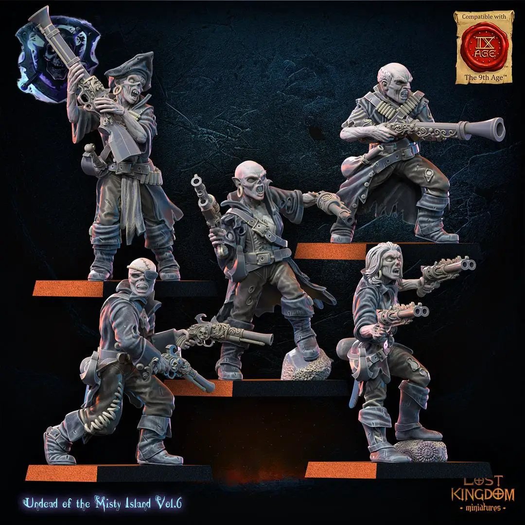 Set of 10 3D printed undead pirate miniatures by Lost Kingdom Miniatures, detailed figures with pirate attire and undead features.