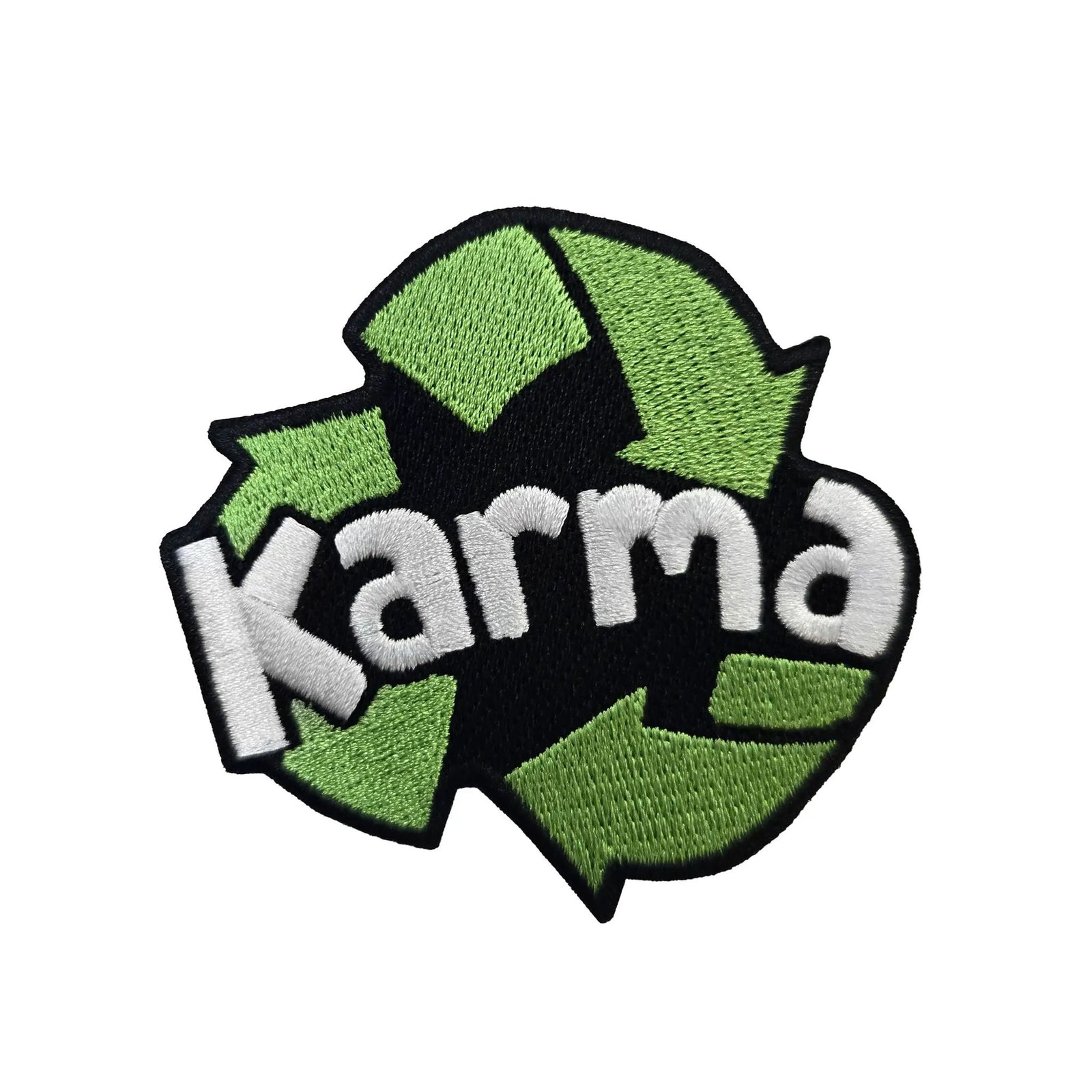 Kolorspun Karma Recycling Patch sewn onto fabric, displayed close-up showing eco-friendly patch design.