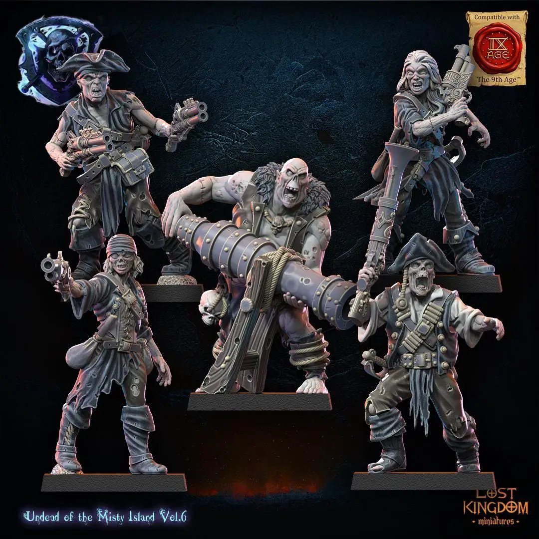 Set of ten 3D printed undead pirate miniatures from Lost Kingdom Miniatures, detailed figures with pirate attire and undead features.