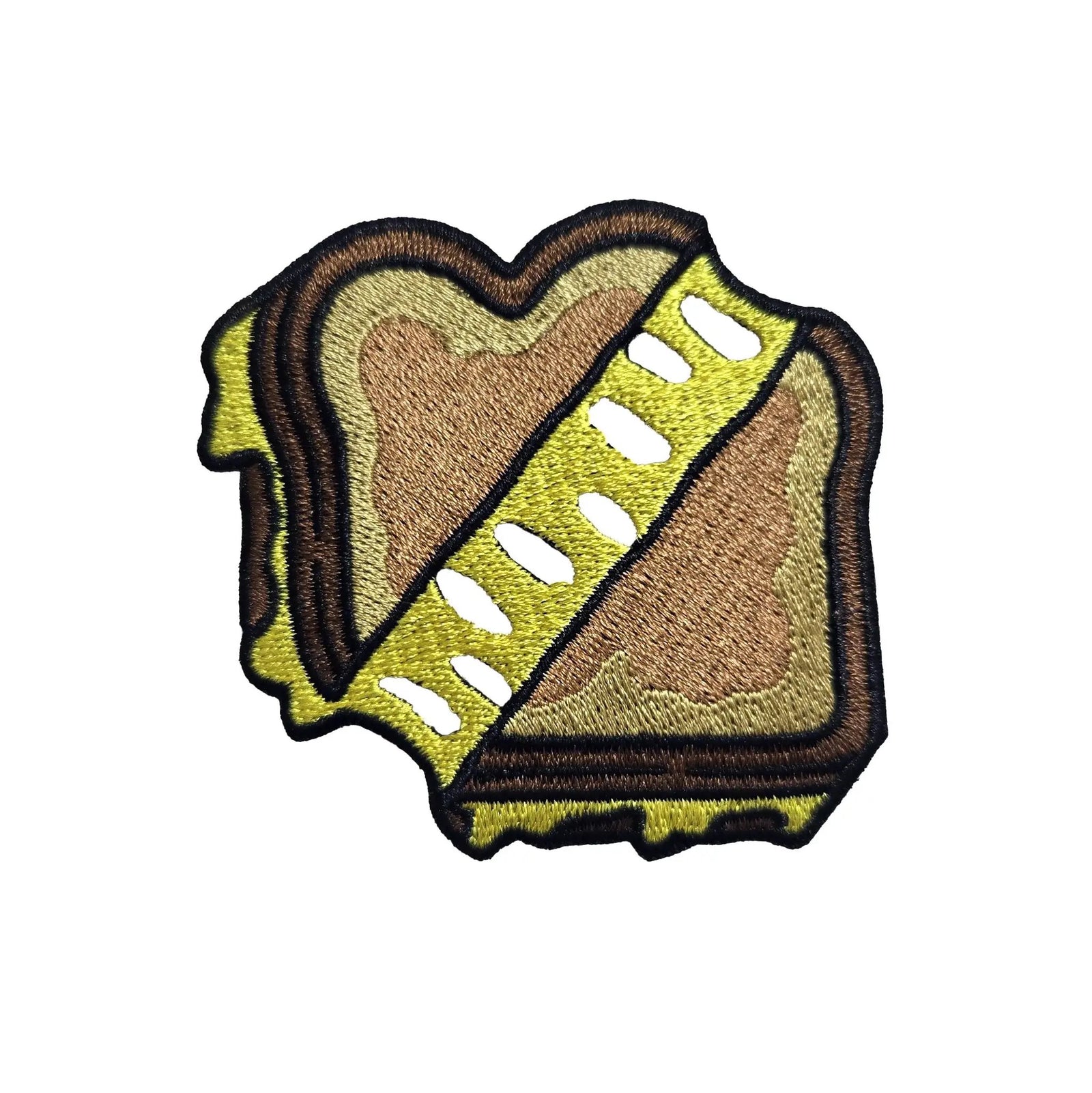 Kolorspun grilled cheese sandwich patch with embroidered details on fabric for clothing or accessories.