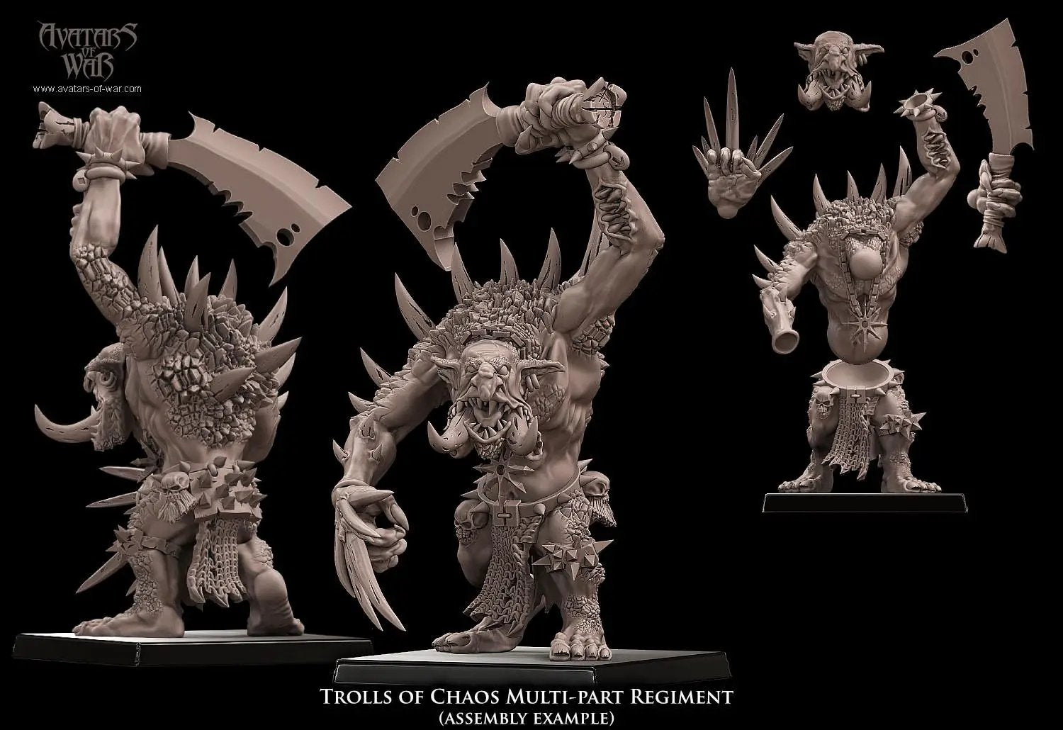 Set of five 3D printed Trolls of Chaos miniatures by Last Hope Miniatures, detailed fantasy tabletop gaming figures.