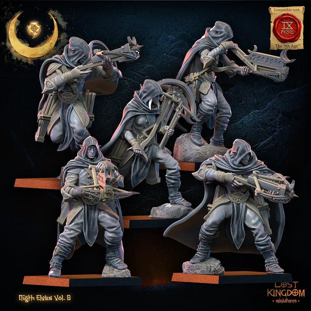 Three detailed 3D printed Night Elf Arbalest Regiment miniatures by Lost Kingdom Miniatures, showcasing elf archers with crossbows.